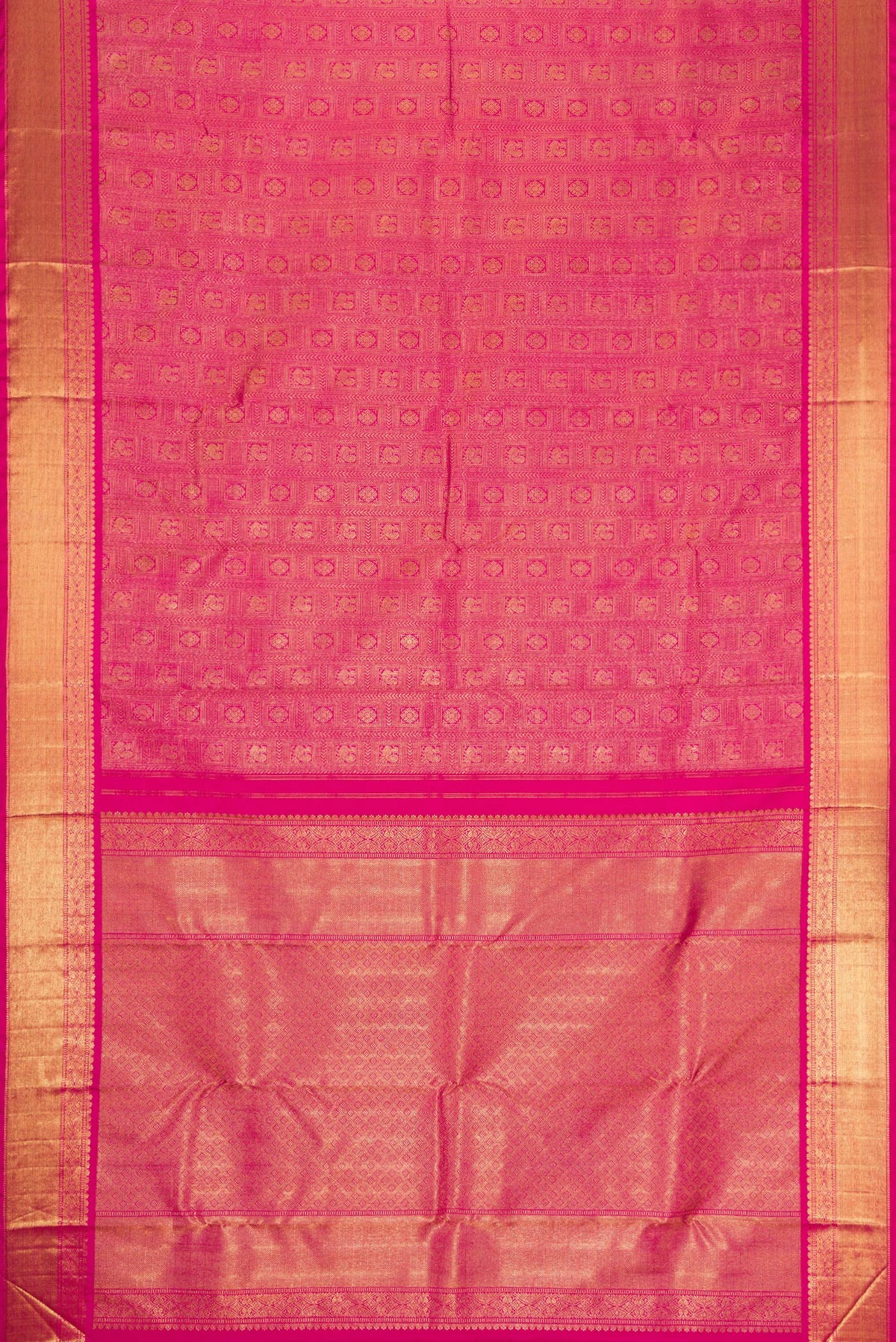 Flat view of Pure Silk Pure Zari Pink Dual Tone Kanjivaram Saree with Zari Brocade on the body and Zari Border. 