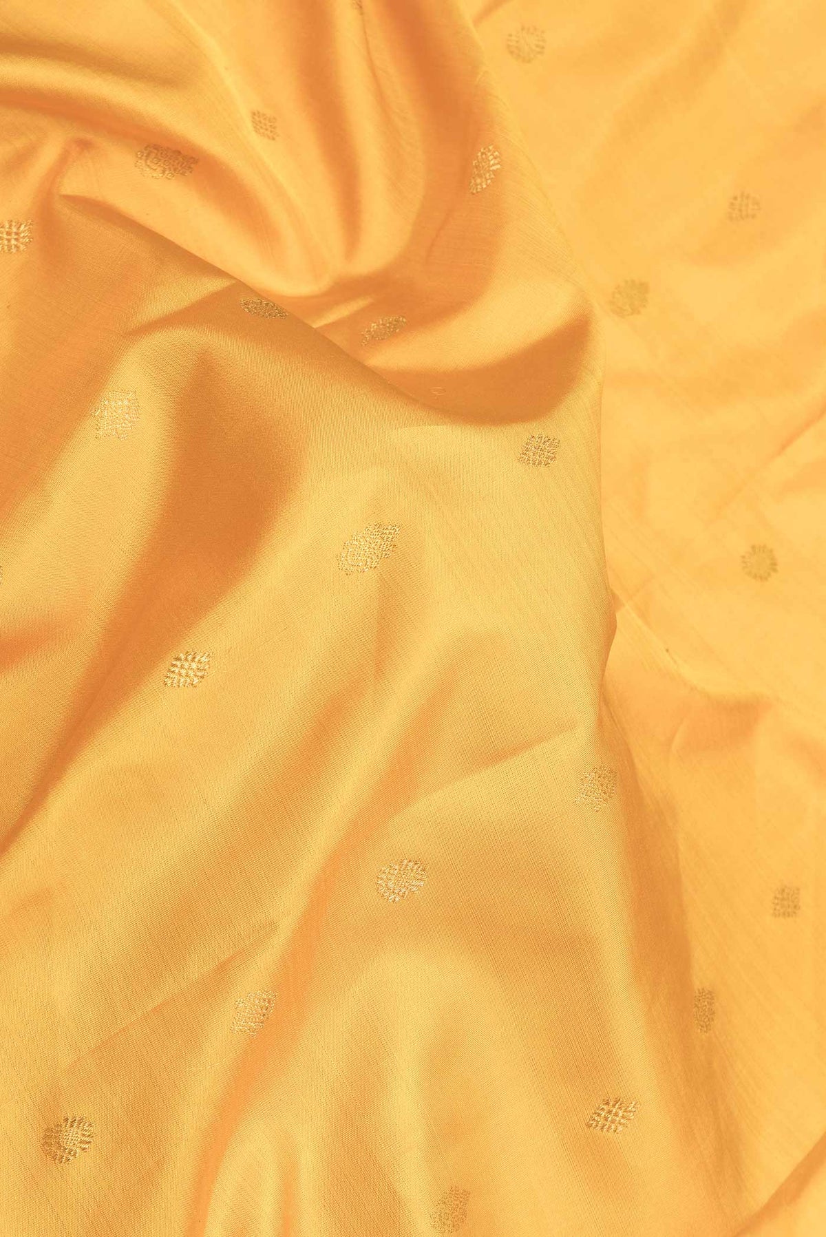 Close up of Mustard Dual Tone Kanchipuram Saree with Zari Butta on the body and Zari Border displaying folds
