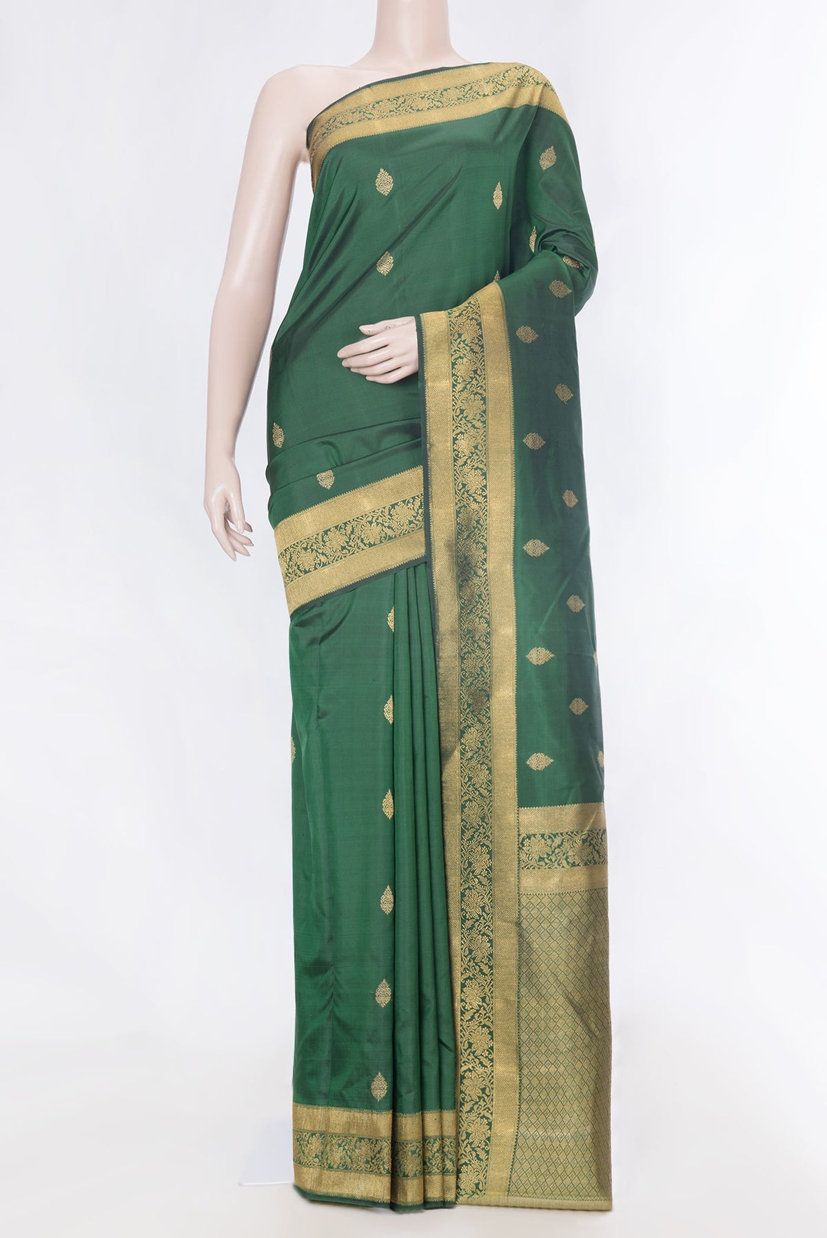 Pure Silk Pure Zari Green Dual Tone Kanchipuram Saree with Zari Butta on the body and Zari Border displayed on a mannequin