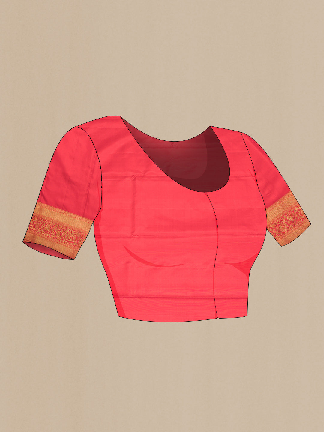 Close up image of the blouse of Pure Silk Pure Zari Red Dual Tone Kanchipuram Saree with Zari Butta on the body and Zari Border