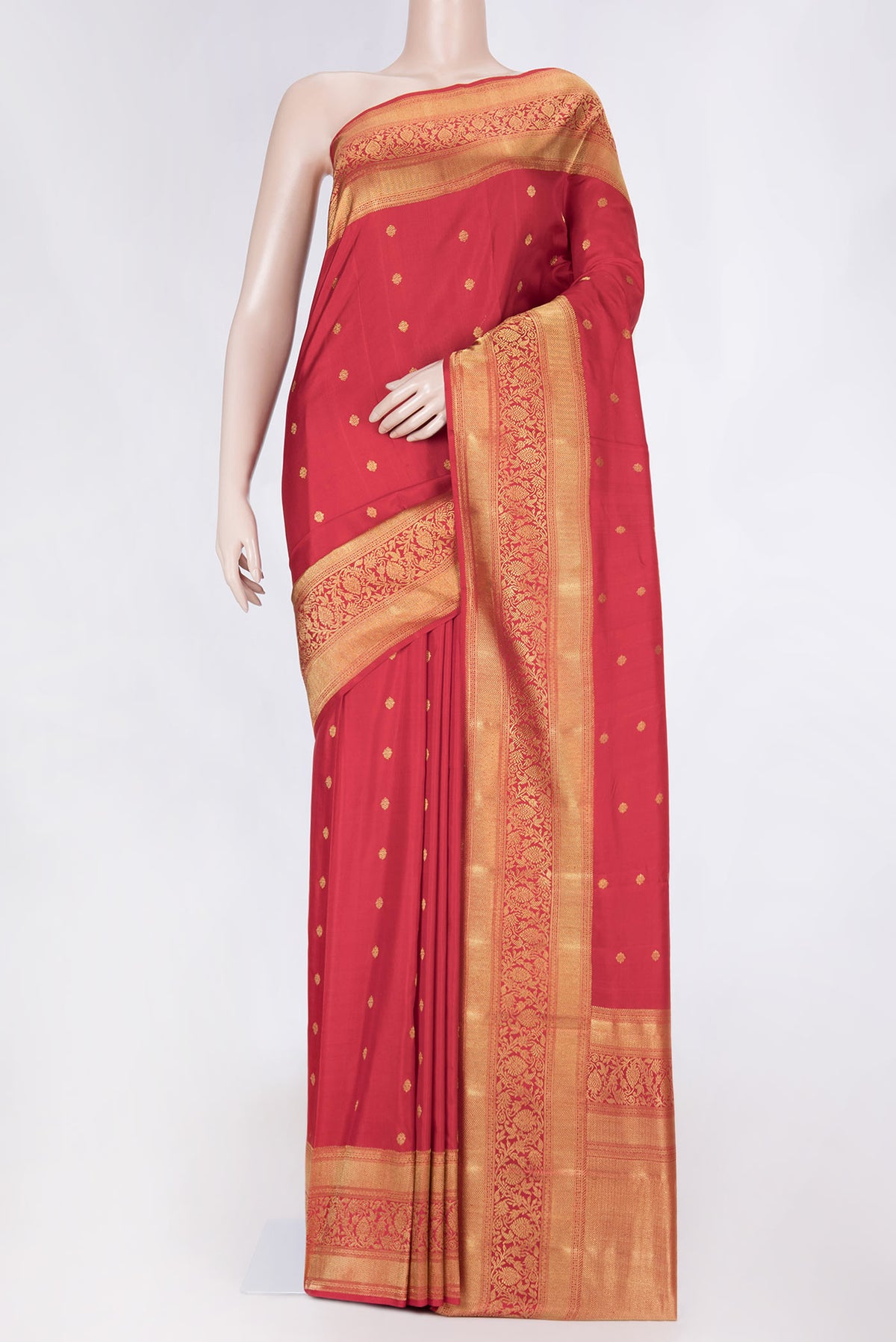 Pure Silk Pure Zari Red Dual Tone Kanchipuram Saree with Zari Butta on the body and Zari Border displayed on a mannequin
