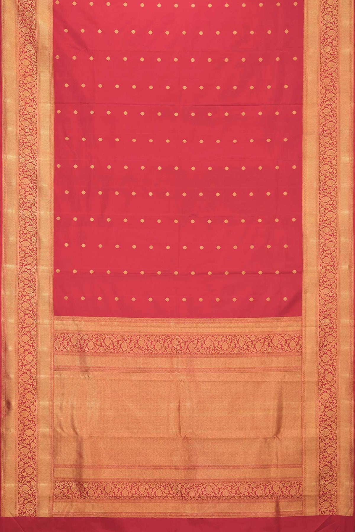 Flat view of Pure Silk Pure Zari Red Dual Tone Kanchipuram Saree with Zari Butta on the body and Zari Border