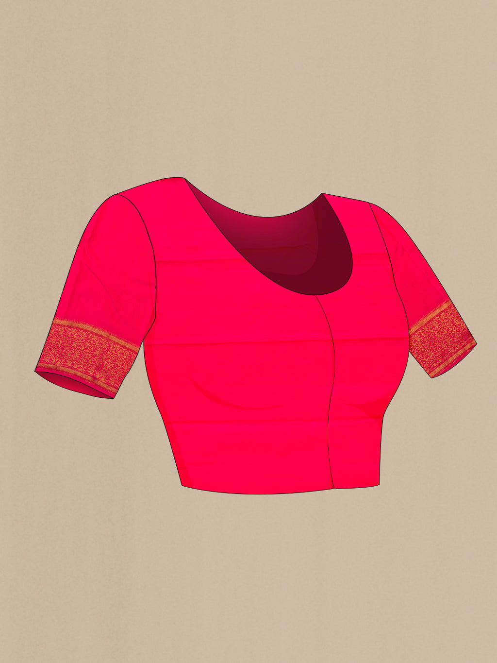 Close up image of the blouse of Pure Silk Pure Zari Pink Kanjivaram Saree with Zari Butta on the body and Zari Border. 
