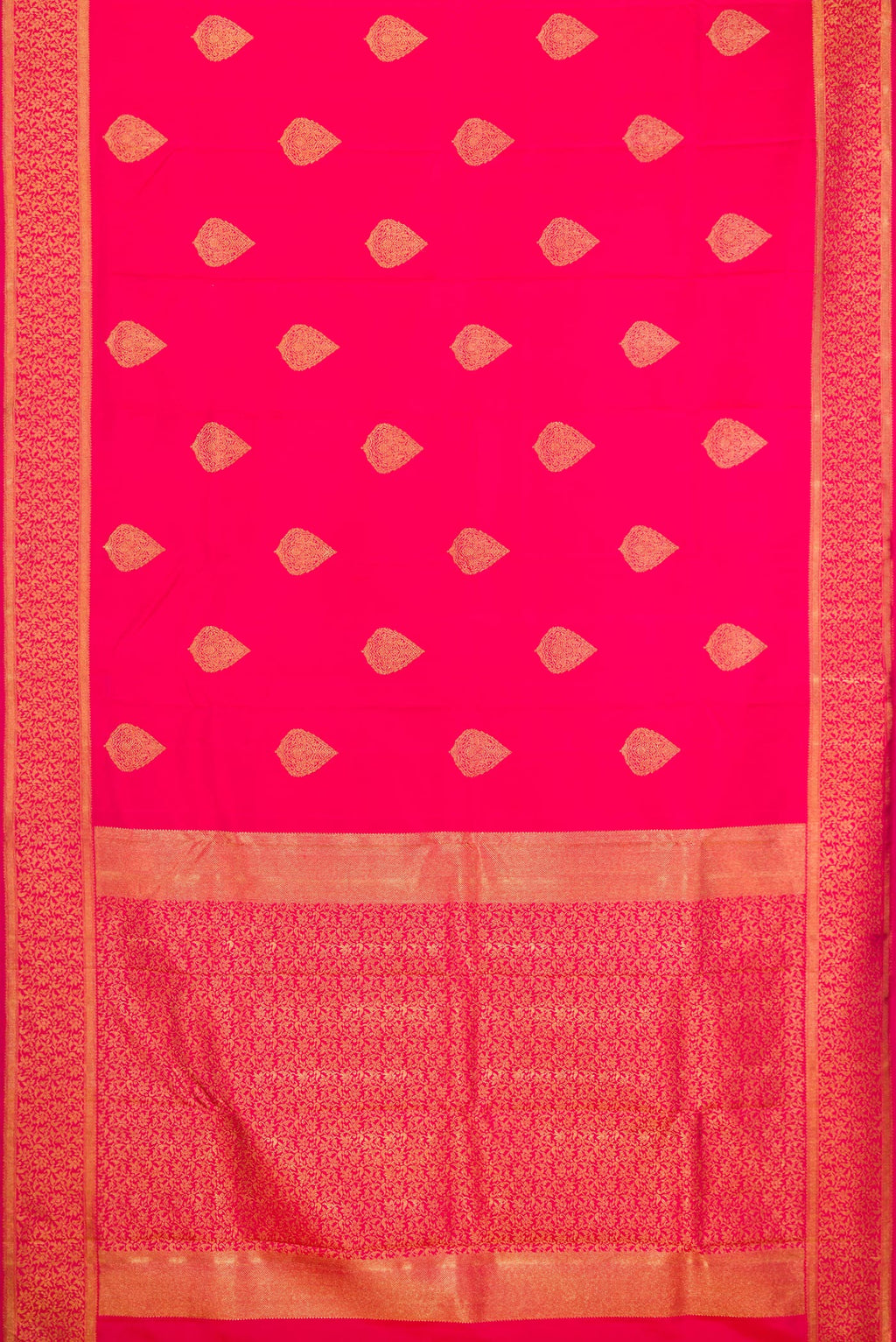 Flat view of Pure Silk Pure Zari Pink Kanjivaram Saree with Zari Butta on the body and Zari Border. 
