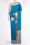 Pure Silk Pure Zari Peacock Blue Kanjivaram Saree with Zari Butta on the body and Fancy Border.  displayed on a mannequin