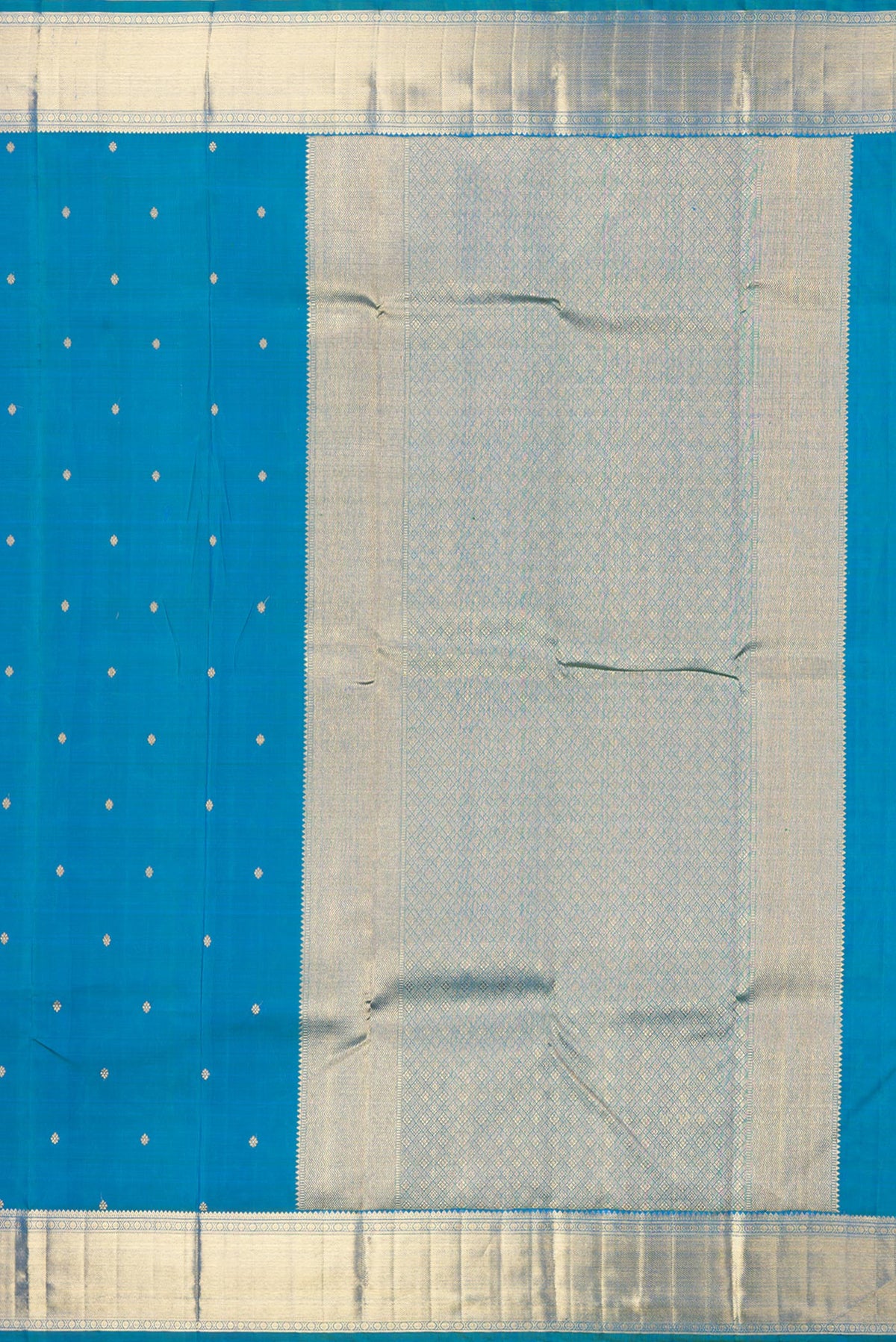Close up image of the pallu of Pure Silk Pure Zari Peacock Blue Kanjivaram Saree with Zari Butta on the body and Fancy Border. 