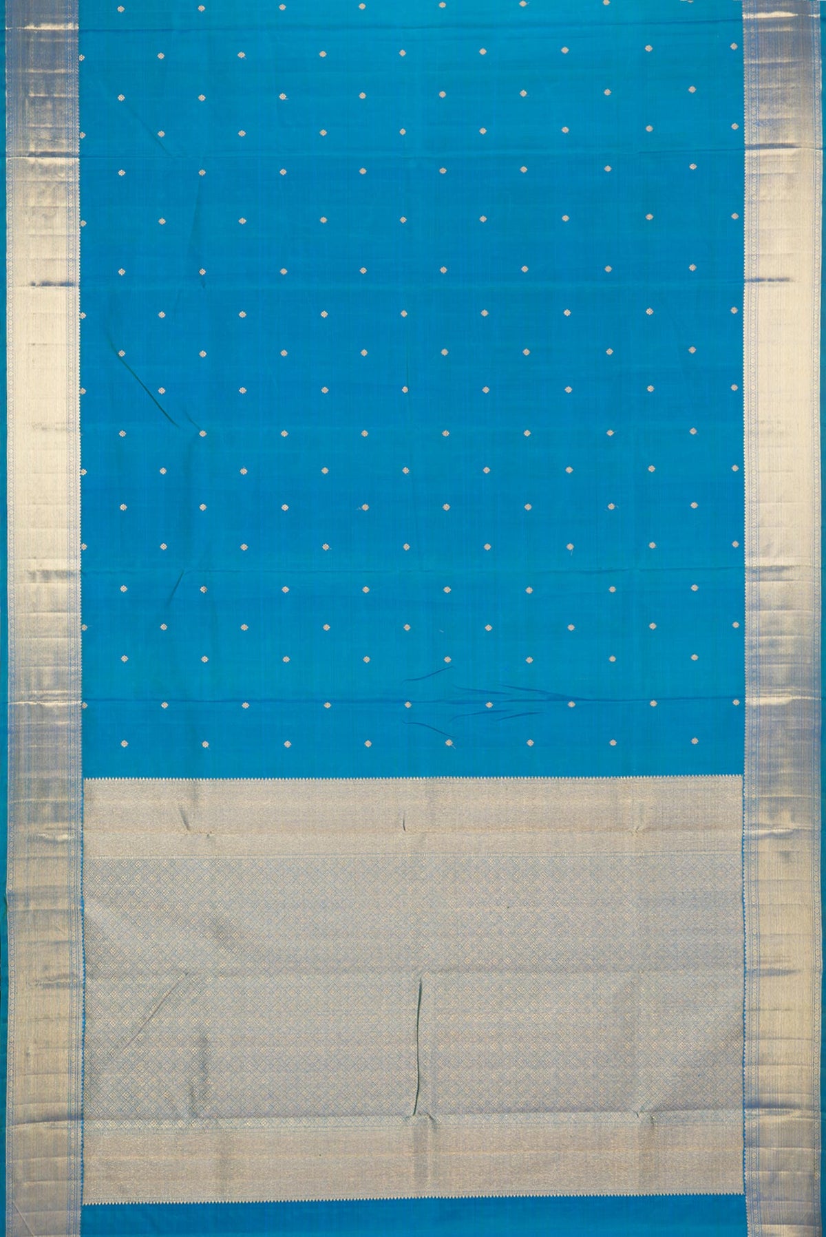 Flat view of Pure Silk Pure Zari Peacock Blue Kanjivaram Saree with Zari Butta on the body and Fancy Border. 