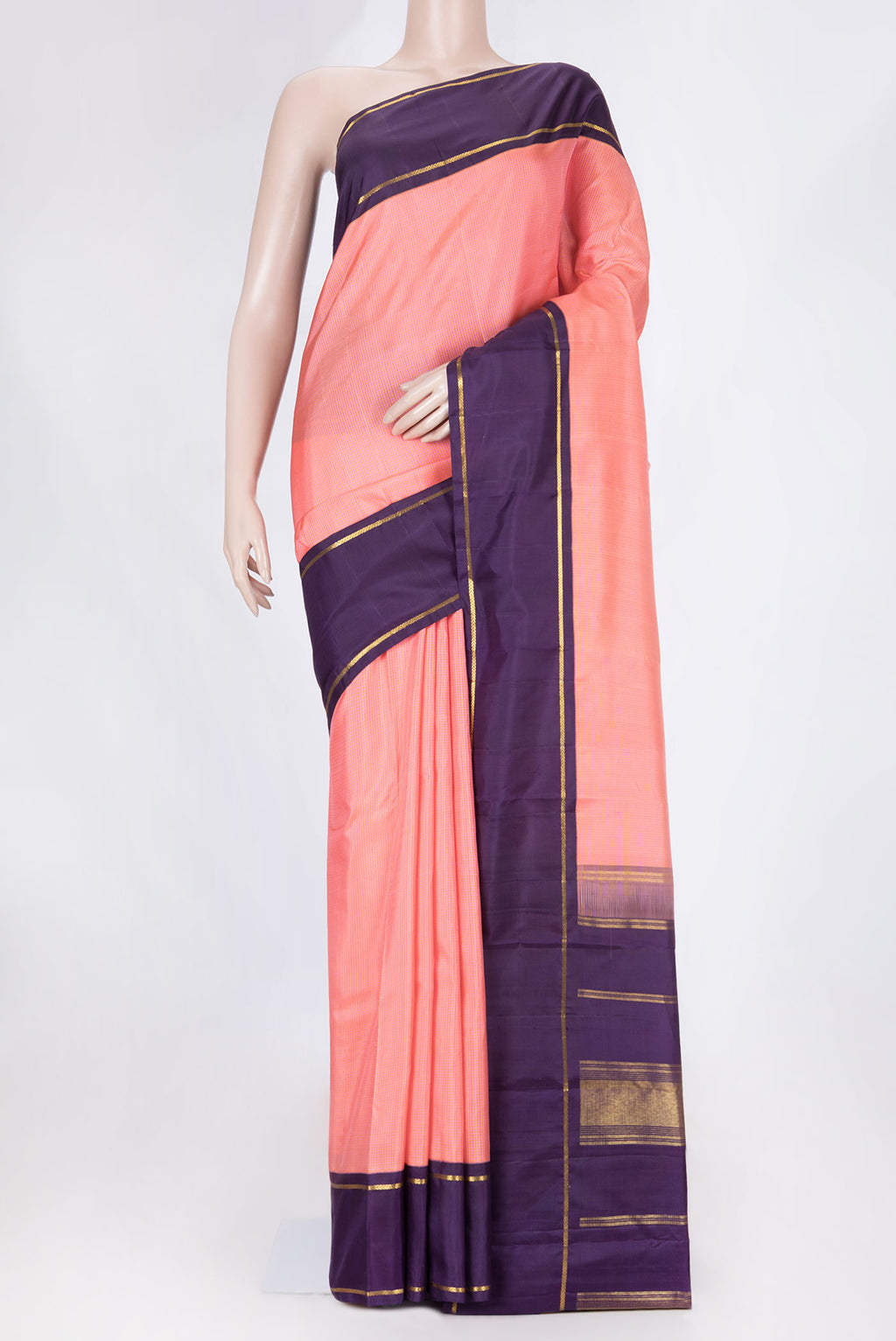 Pink Dual Tone Kanchipuram Silk Saree with Checked design on the body and Zari Border displayed on a mannequin