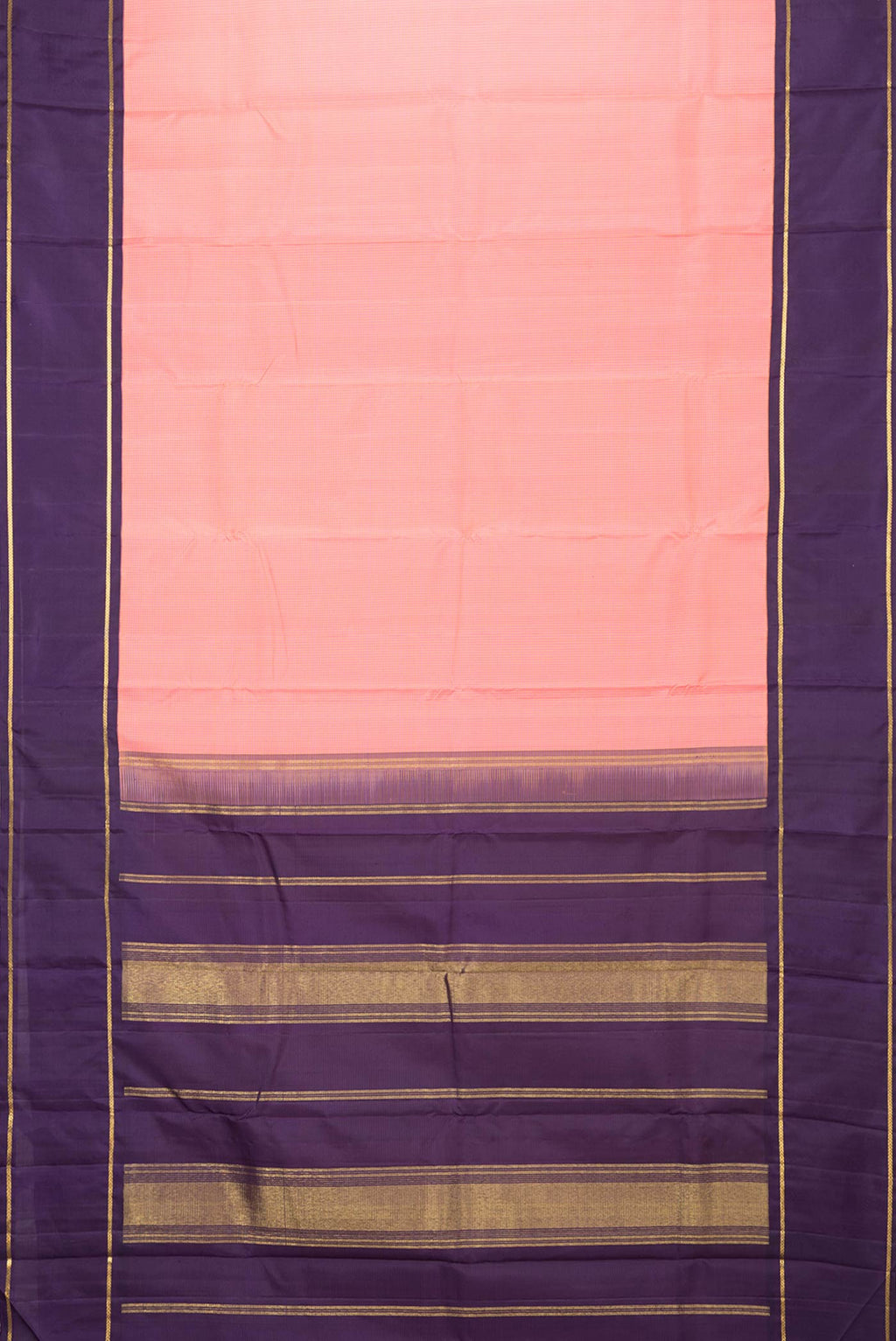 Flat view of Pink Dual Tone Kanchipuram Silk Saree with Checked design on the body and Zari Border