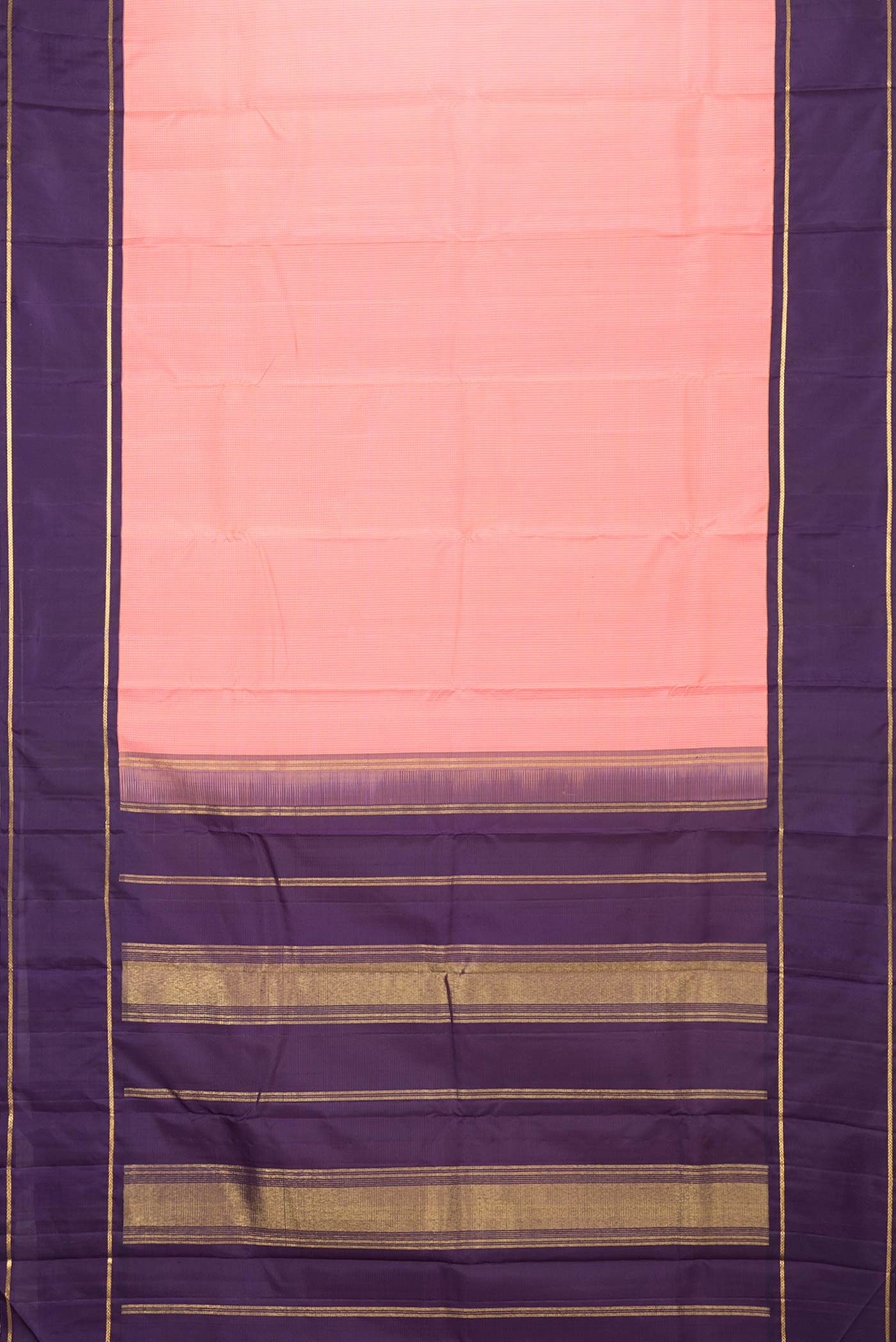 Flat view of Pink Dual Tone Kanchipuram Silk Saree with Checked design on the body and Zari Border