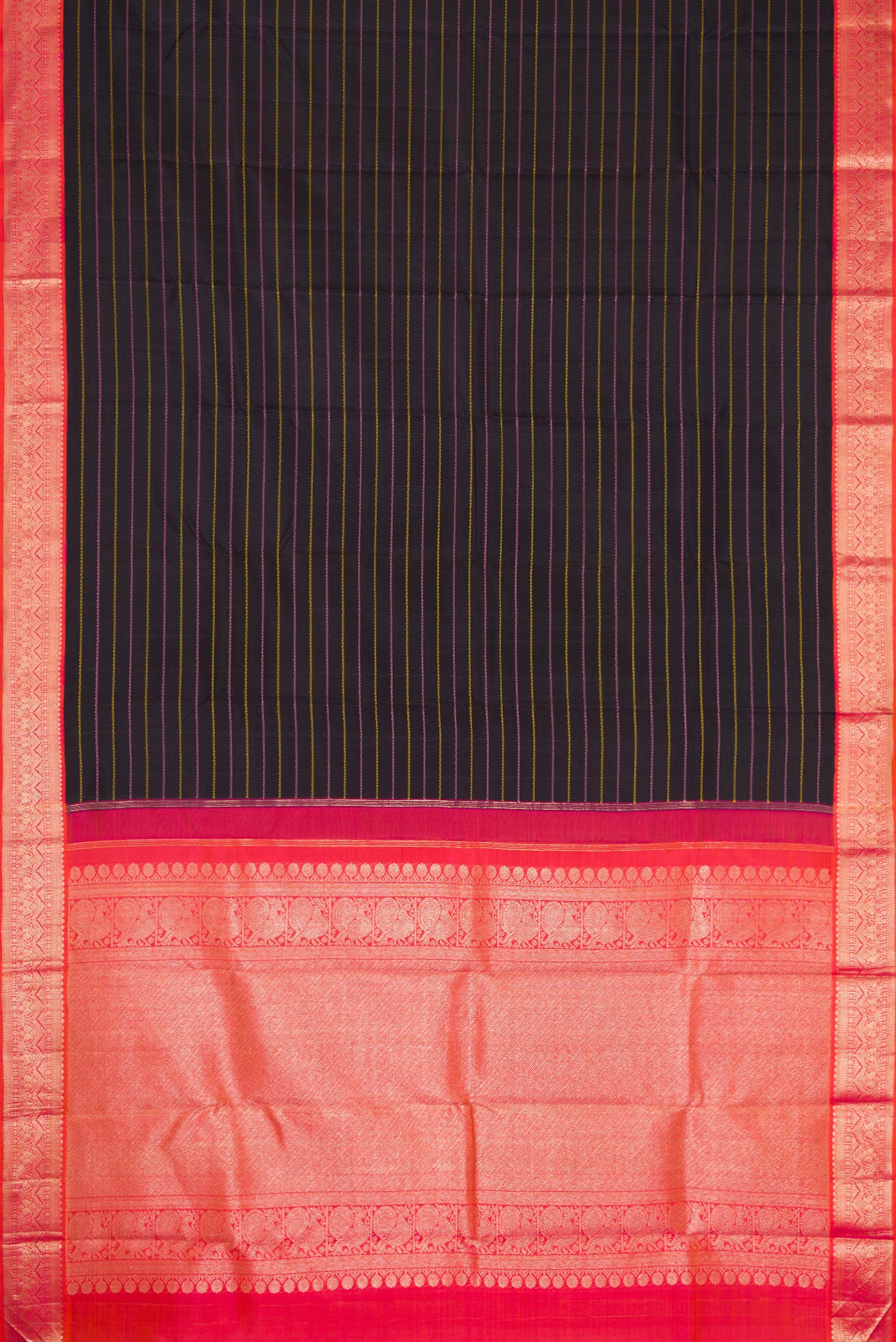 Flat view of Pure Silk Pure Zari Black Dual Tone Kanjivaram Saree with Veldhari on the body and Zari Border. 