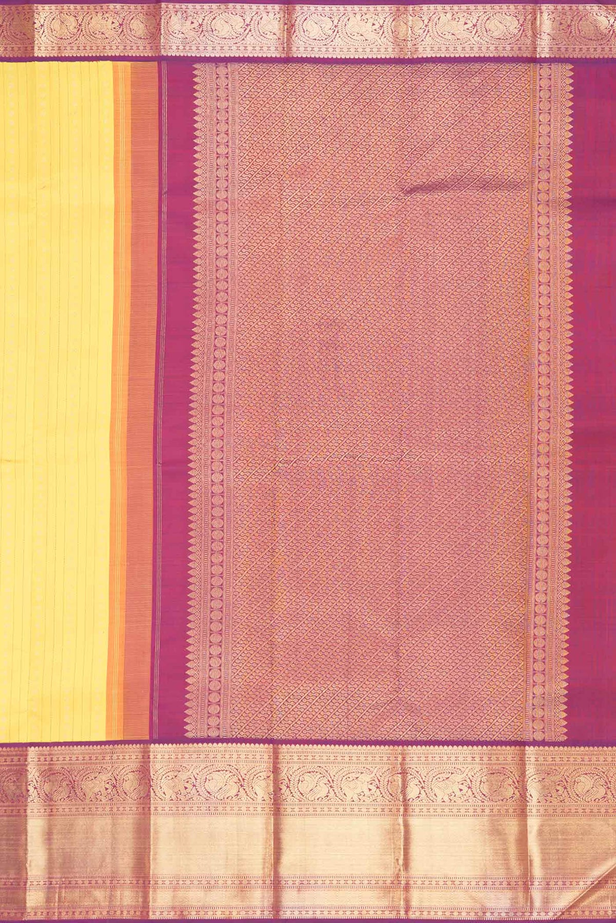Close up image of the pallu of Pure Silk Pure Zari Yellow Dual Tone Kanchipuram Saree with Zari Brocade on the body and Zari Border