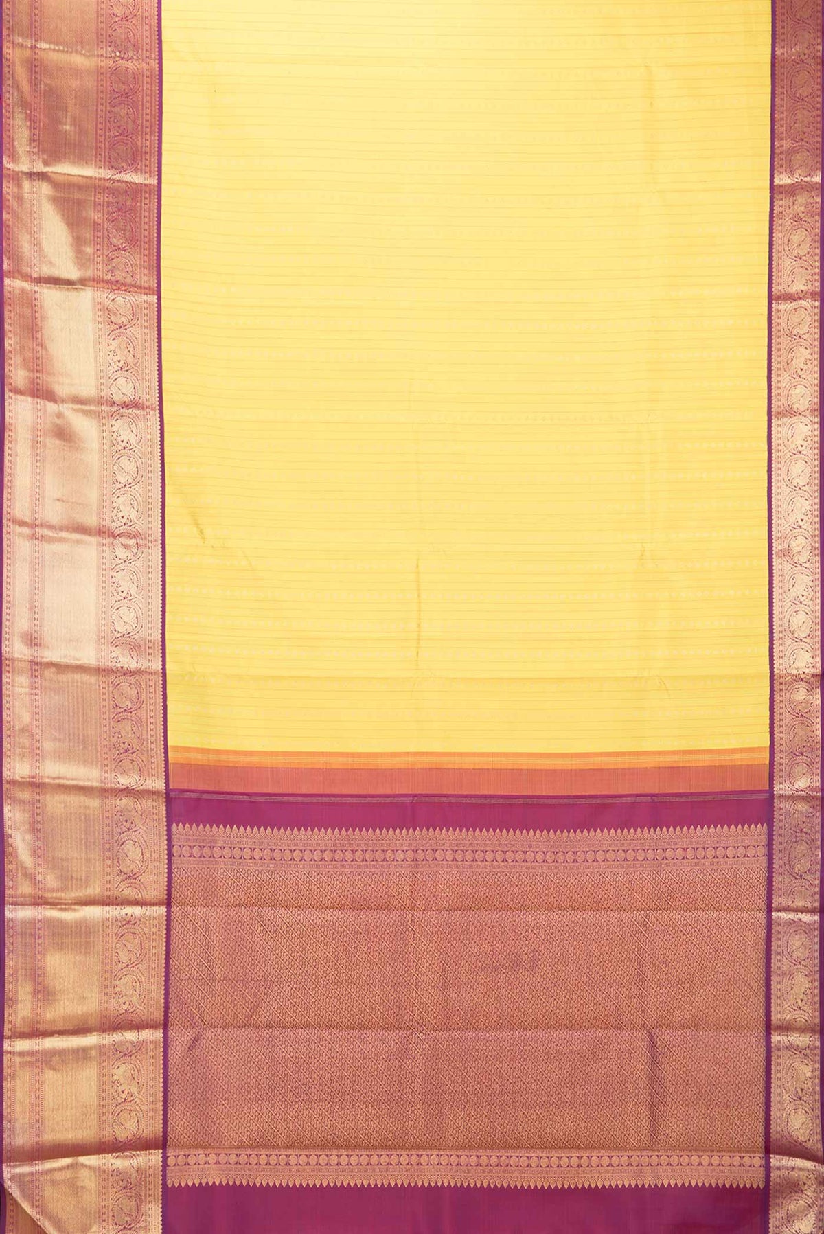 Flat view of Pure Silk Pure Zari Yellow Dual Tone Kanchipuram Saree with Zari Brocade on the body and Zari Border