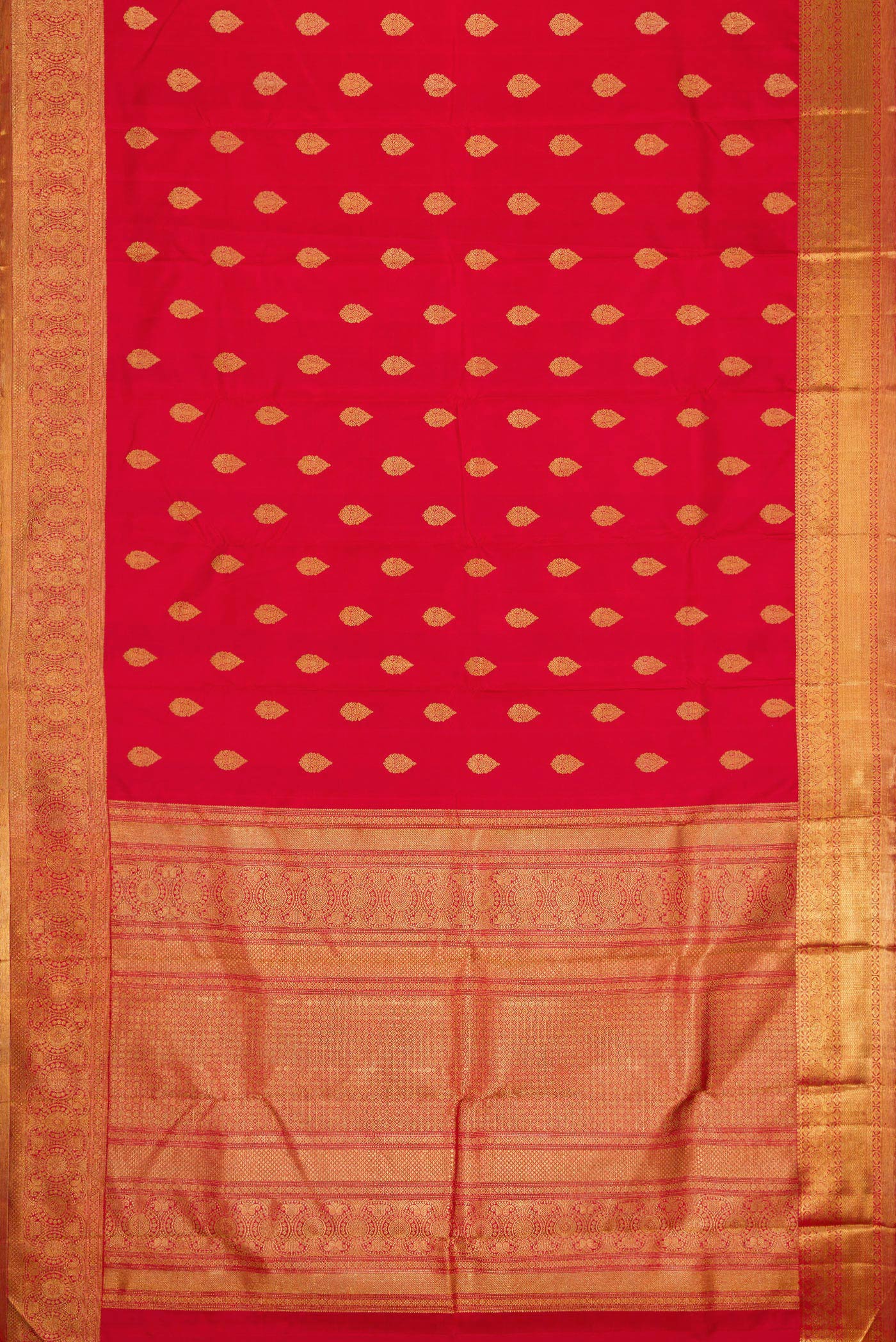 Flat view of Pure Silk Pure Zari Red Dual Tone Kanjivaram Saree with Zari Butta on the body and Zari Border. 