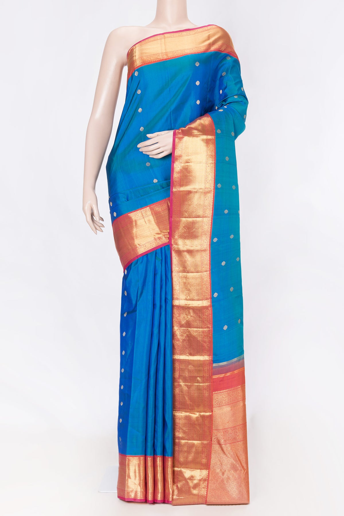 Pure Silk Pure Zari Peacock Blue Dual Tone Kanchipuram Saree with Zari Butta on the body and Zari Border displayed on a mannequin