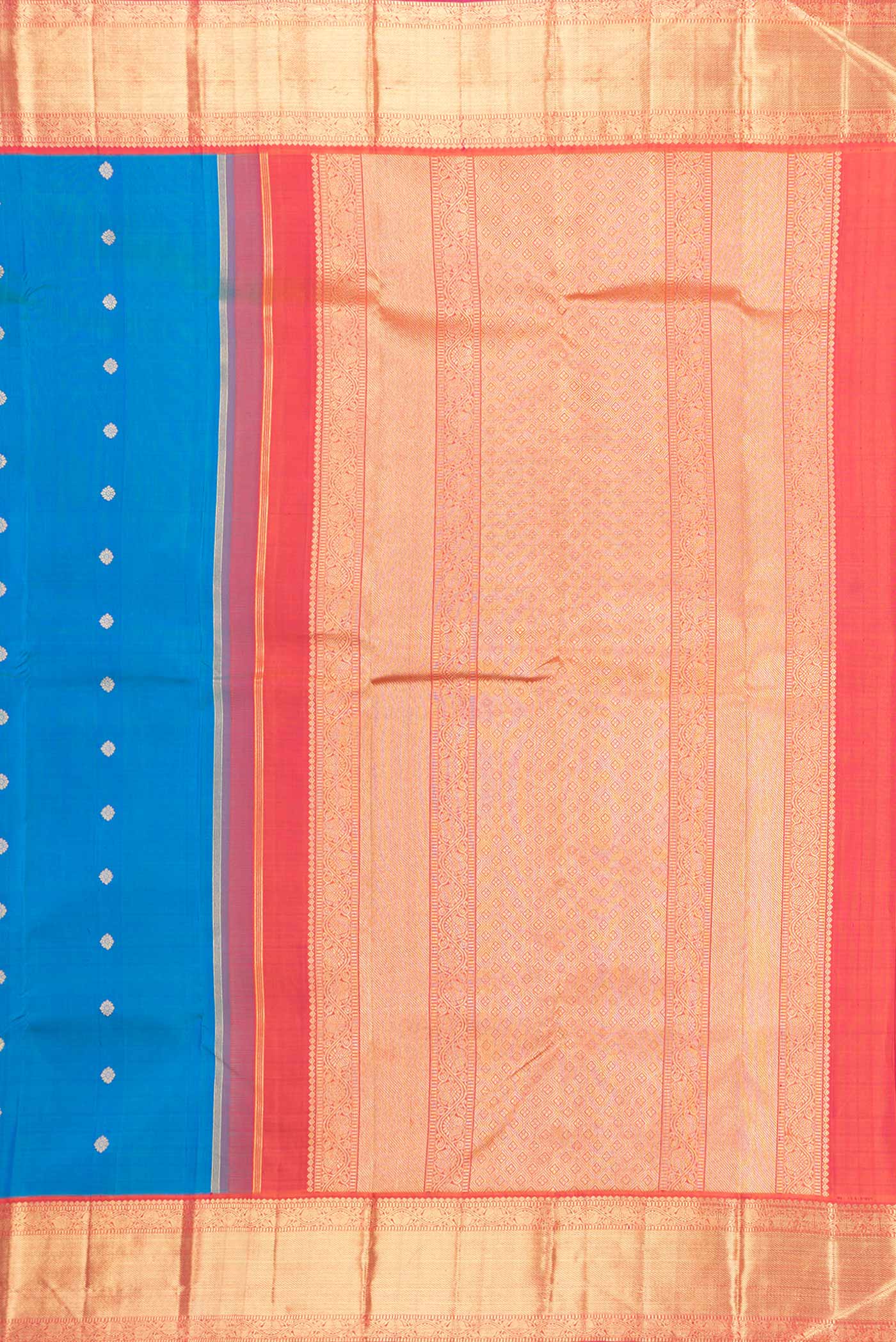 Close up image of the pallu of Pure Silk Pure Zari Peacock Blue Dual Tone Kanchipuram Saree with Zari Butta on the body and Zari Border