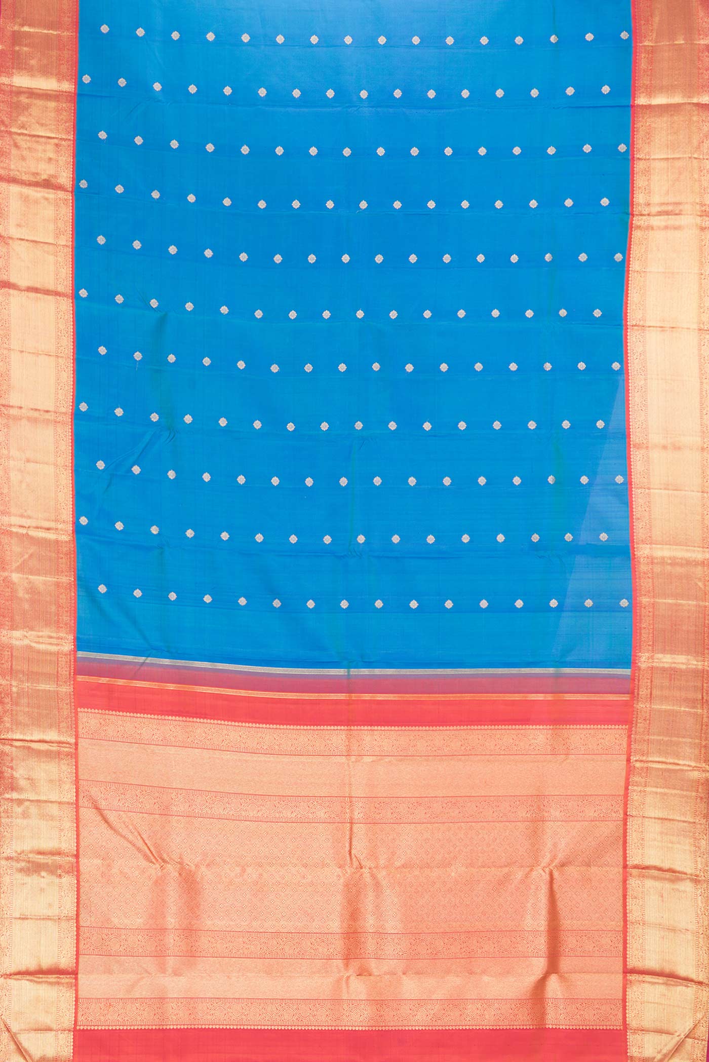 Flat view of Pure Silk Pure Zari Peacock Blue Dual Tone Kanchipuram Saree with Zari Butta on the body and Zari Border