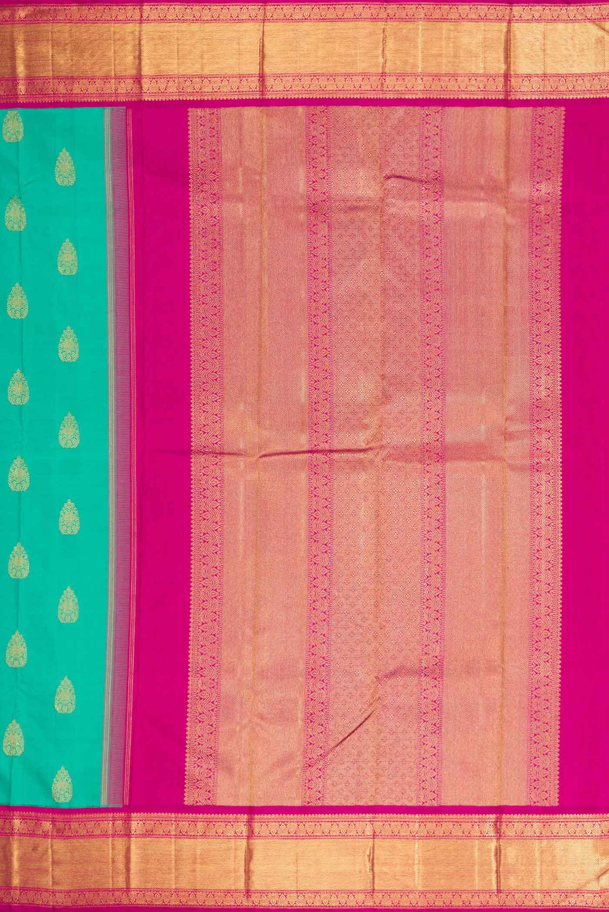 Close up image of the pallu of Pure Silk Pure Zari Sea Green Dual Tone Kanchipuram Saree with Zari Butta on the body and Zari Border
