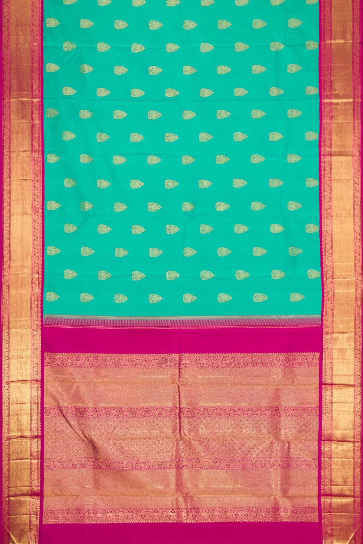 Flat view of Pure Silk Pure Zari Sea Green Dual Tone Kanchipuram Saree with Zari Butta on the body and Zari Border
