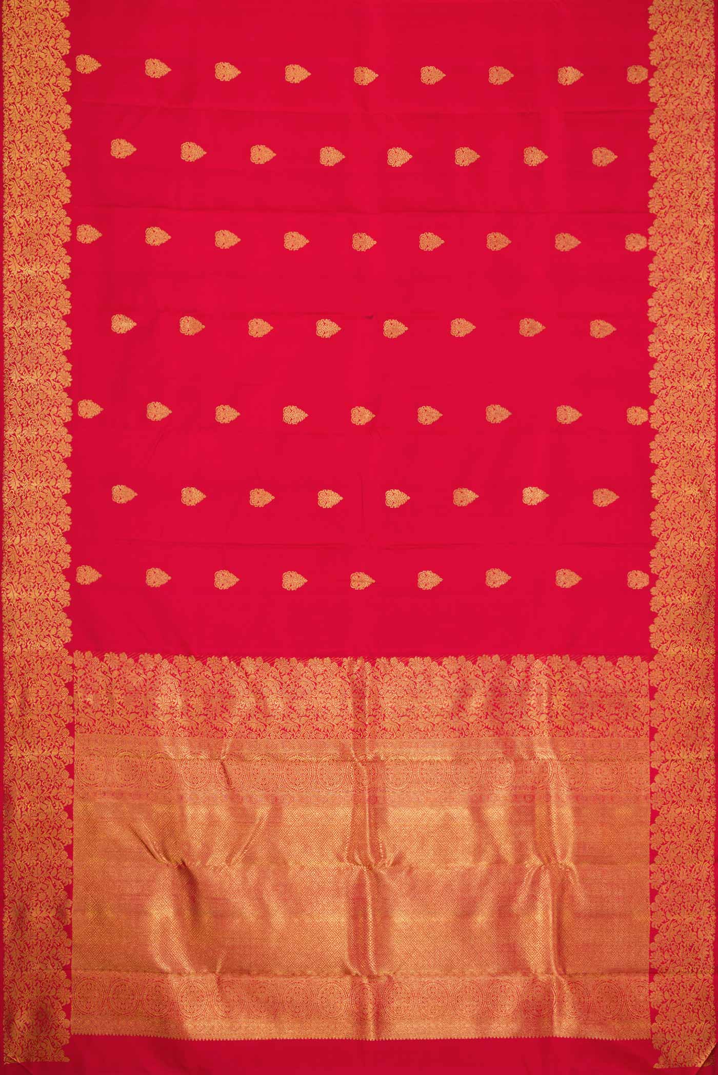 Flat view of Pure Silk Pure Zari Red Dual Tone Kanchipuram Saree with Zari Butta on the body and Zari Border