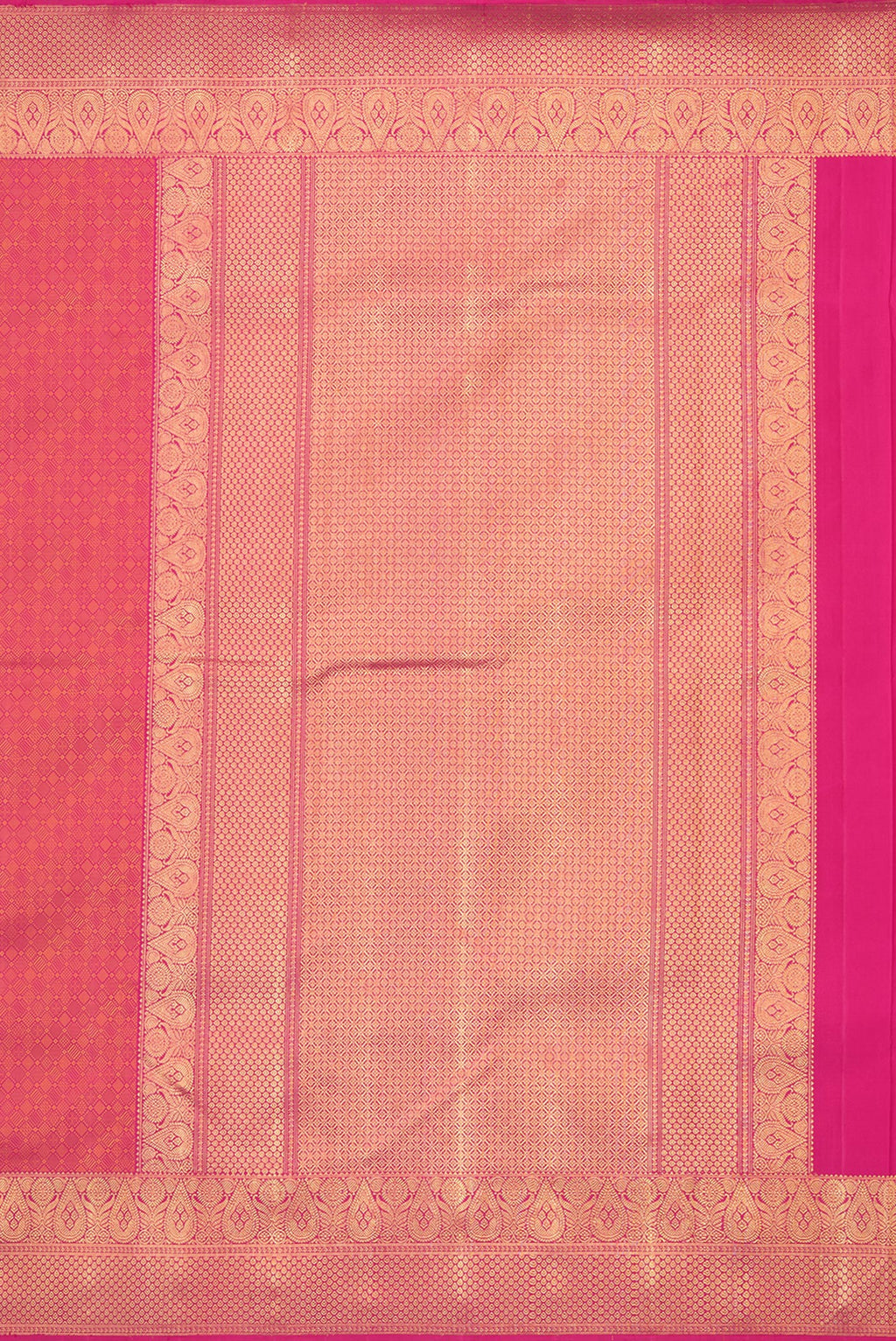 Close up image of the pallu of Pure Silk Pure Zari Pink Kanjivaram Saree with Jacquard design on the body and Fancy Border. 