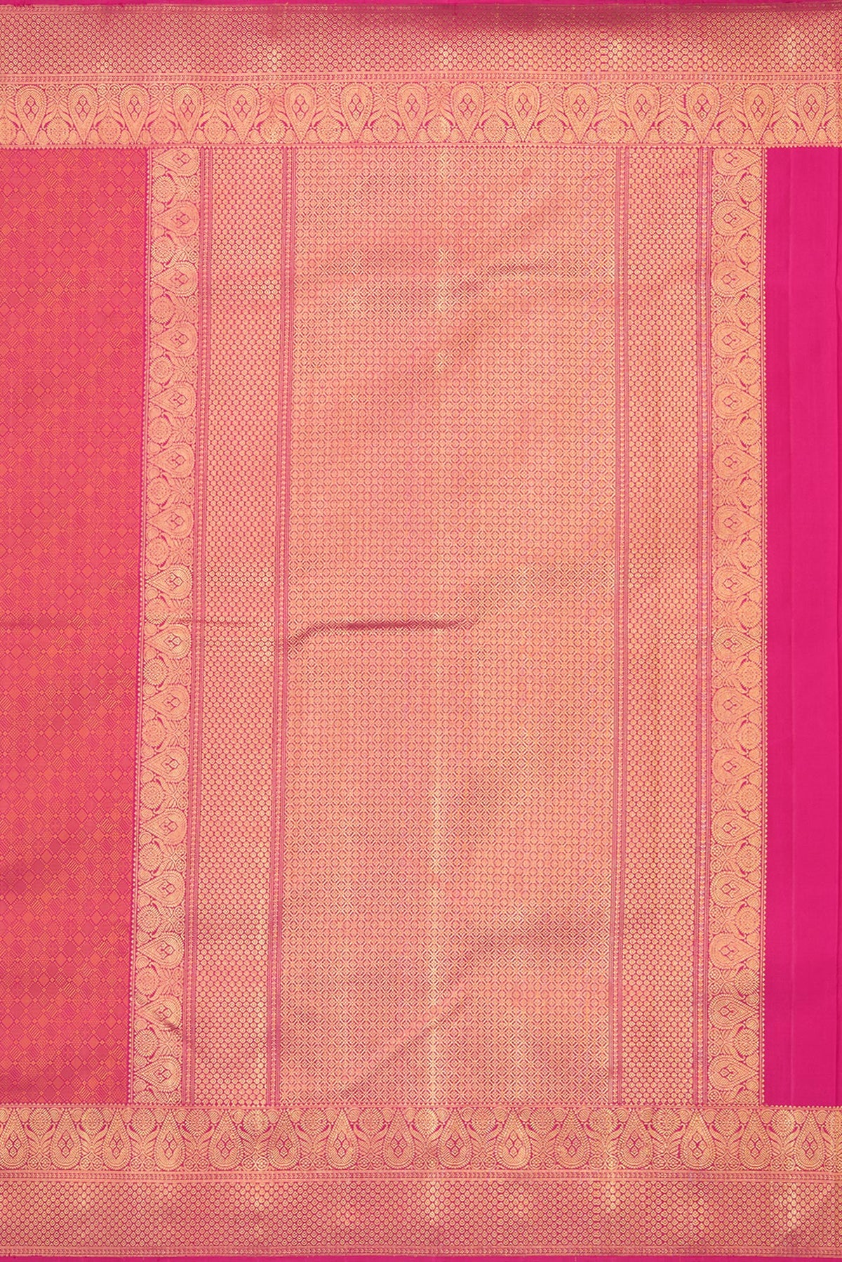 Close up image of the pallu of Pure Silk Pure Zari Pink Kanjivaram Saree with Jacquard design on the body and Fancy Border. 