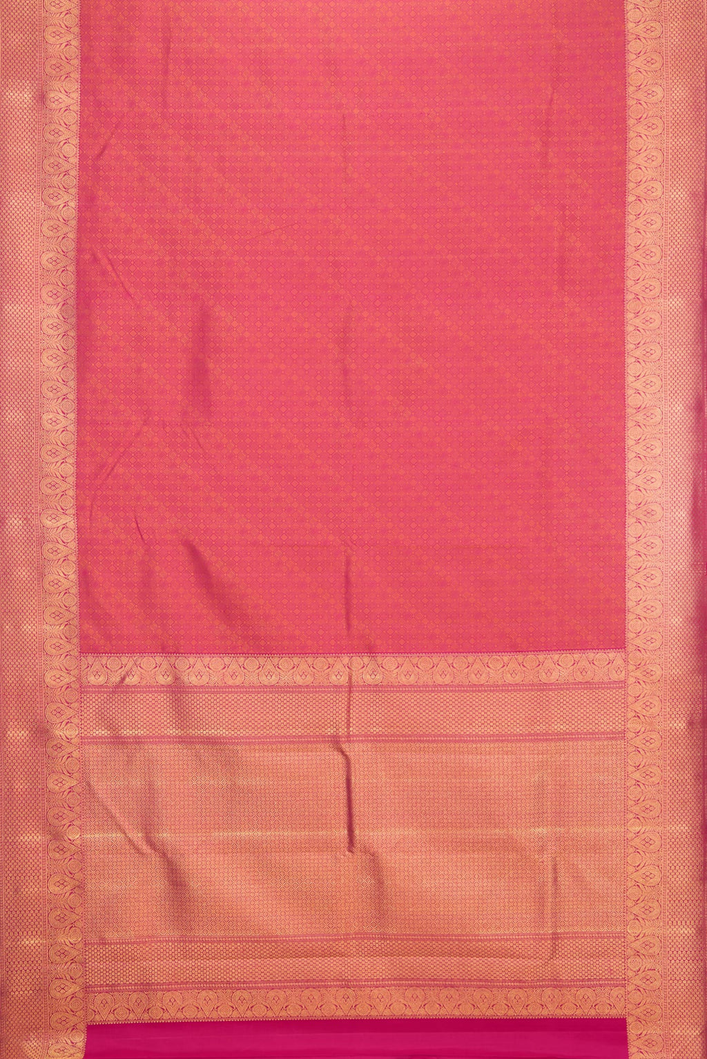 Flat view of Pure Silk Pure Zari Pink Kanjivaram Saree with Jacquard design on the body and Fancy Border. 