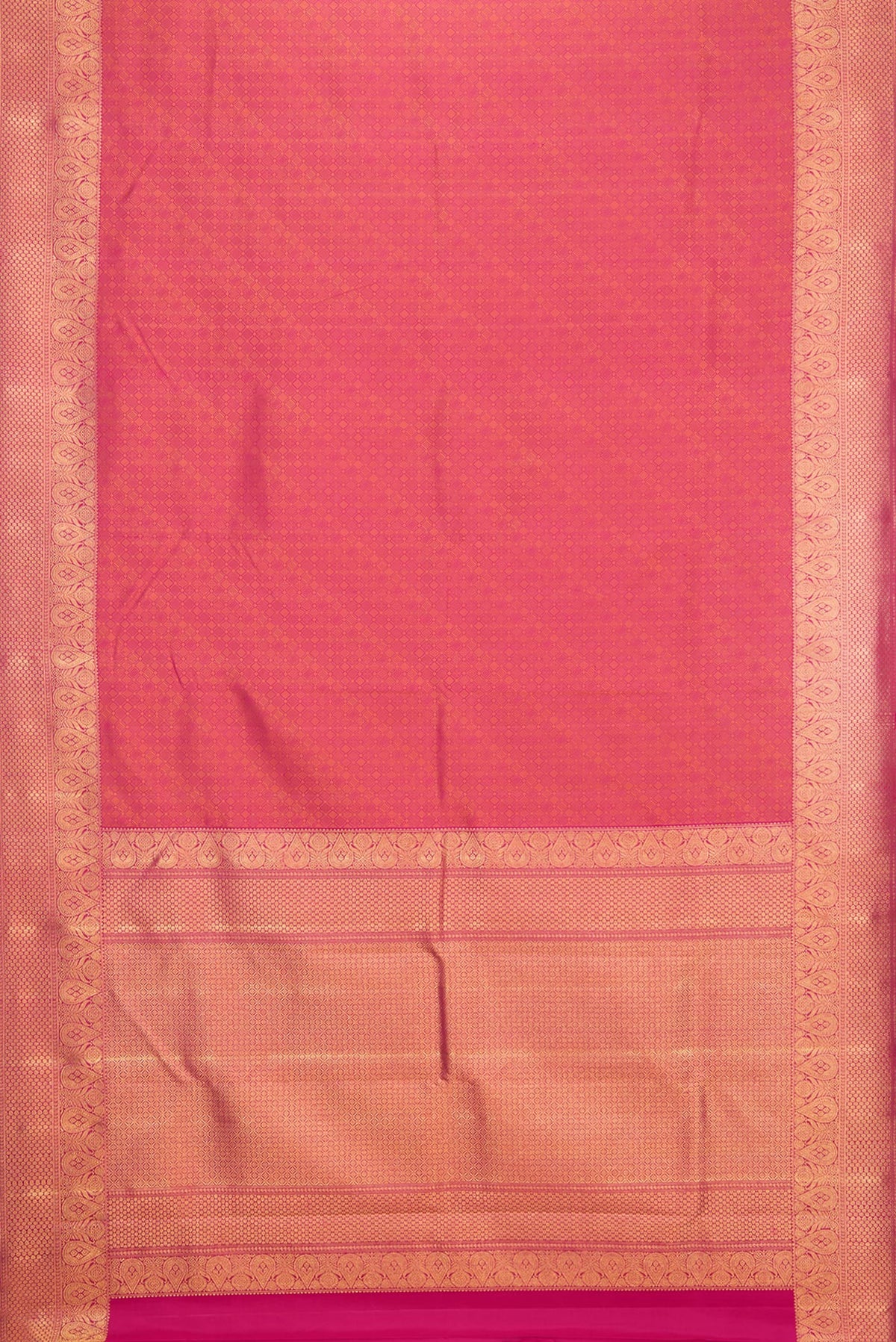 Flat view of Pure Silk Pure Zari Pink Kanjivaram Saree with Jacquard design on the body and Fancy Border. 