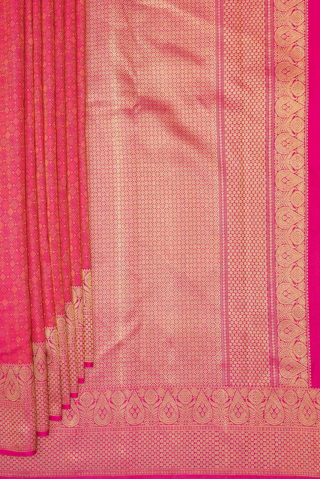 Pleats and pallu of Pure Silk Pure Zari Pink Kanjivaram Saree with Jacquard design on the body and Fancy Border. 