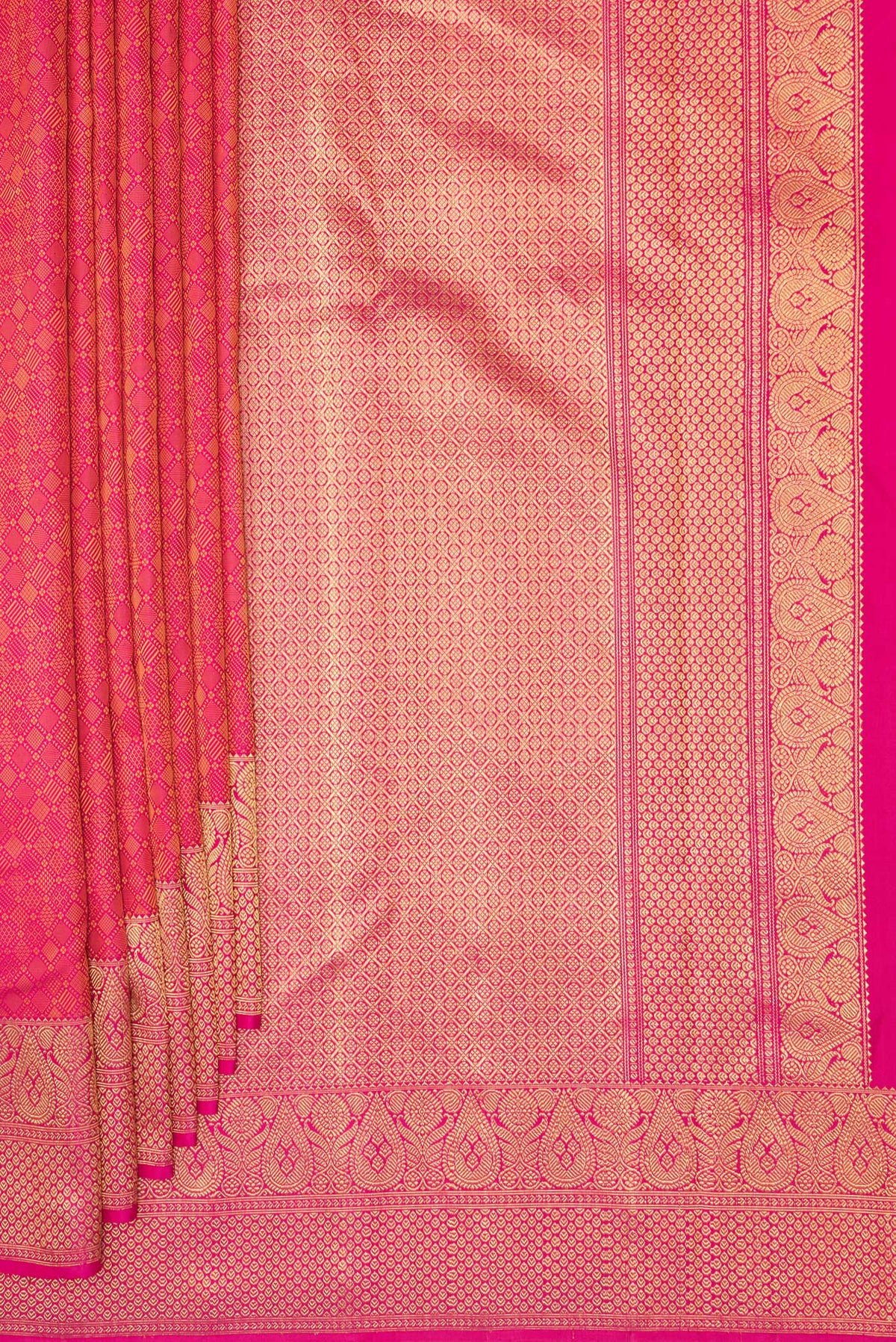 Pleats and pallu of Pure Silk Pure Zari Pink Kanjivaram Saree with Jacquard design on the body and Fancy Border. 