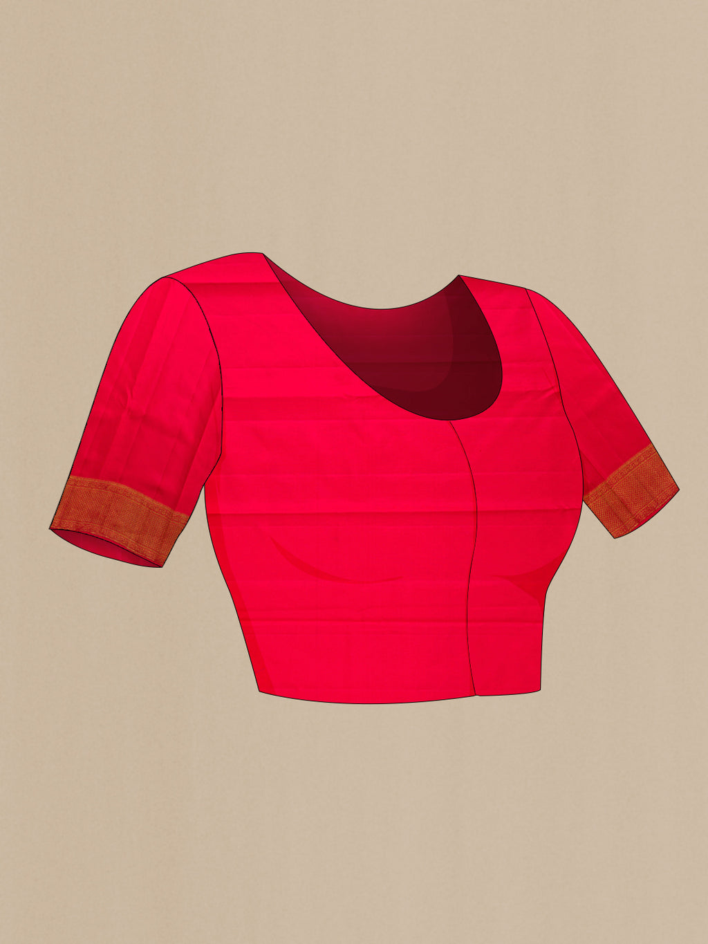 Close up image of the blouse of Pure Silk Pure Zari Red Dual Tone Kanjivaram Saree with Zari Butta on the body and Fancy Border. 