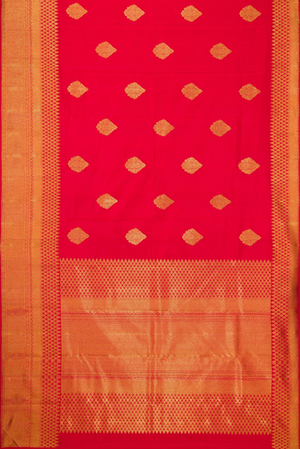 Flat view of Pure Silk Pure Zari Red Dual Tone Kanjivaram Saree with Zari Butta on the body and Fancy Border. 