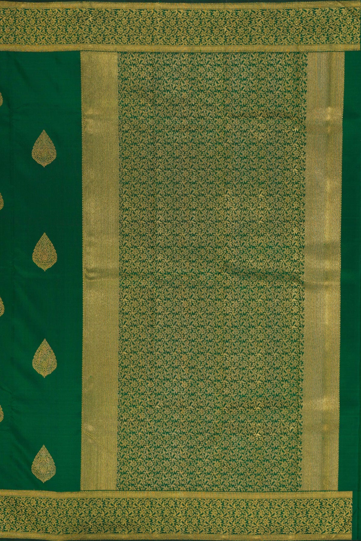 Close up image of the pallu of Pure Silk Pure Zari Green Kanjivaram Saree with Zari Butta on the body and Fancy Border. 