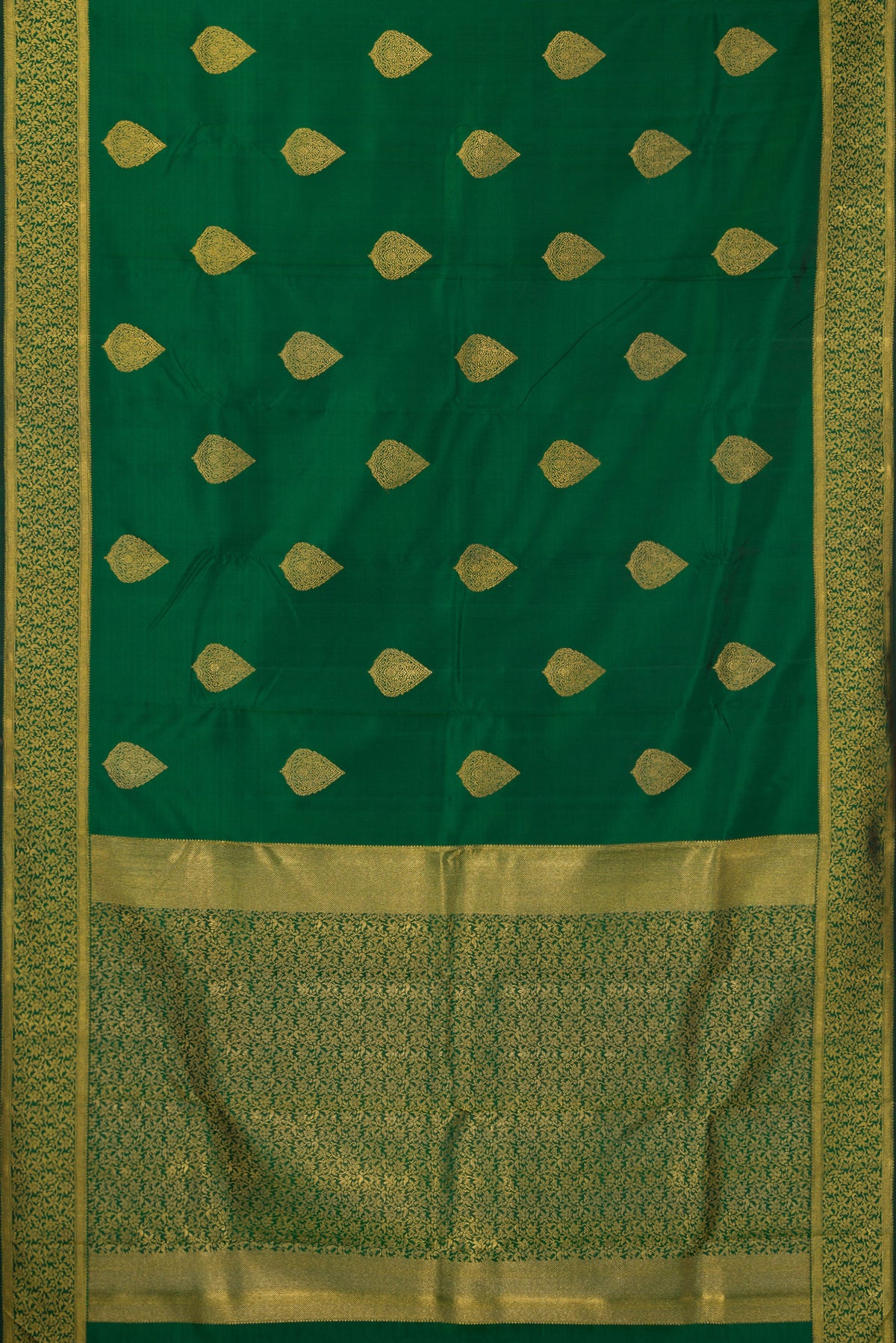 Flat view of Pure Silk Pure Zari Green Kanjivaram Saree with Zari Butta on the body and Fancy Border. 