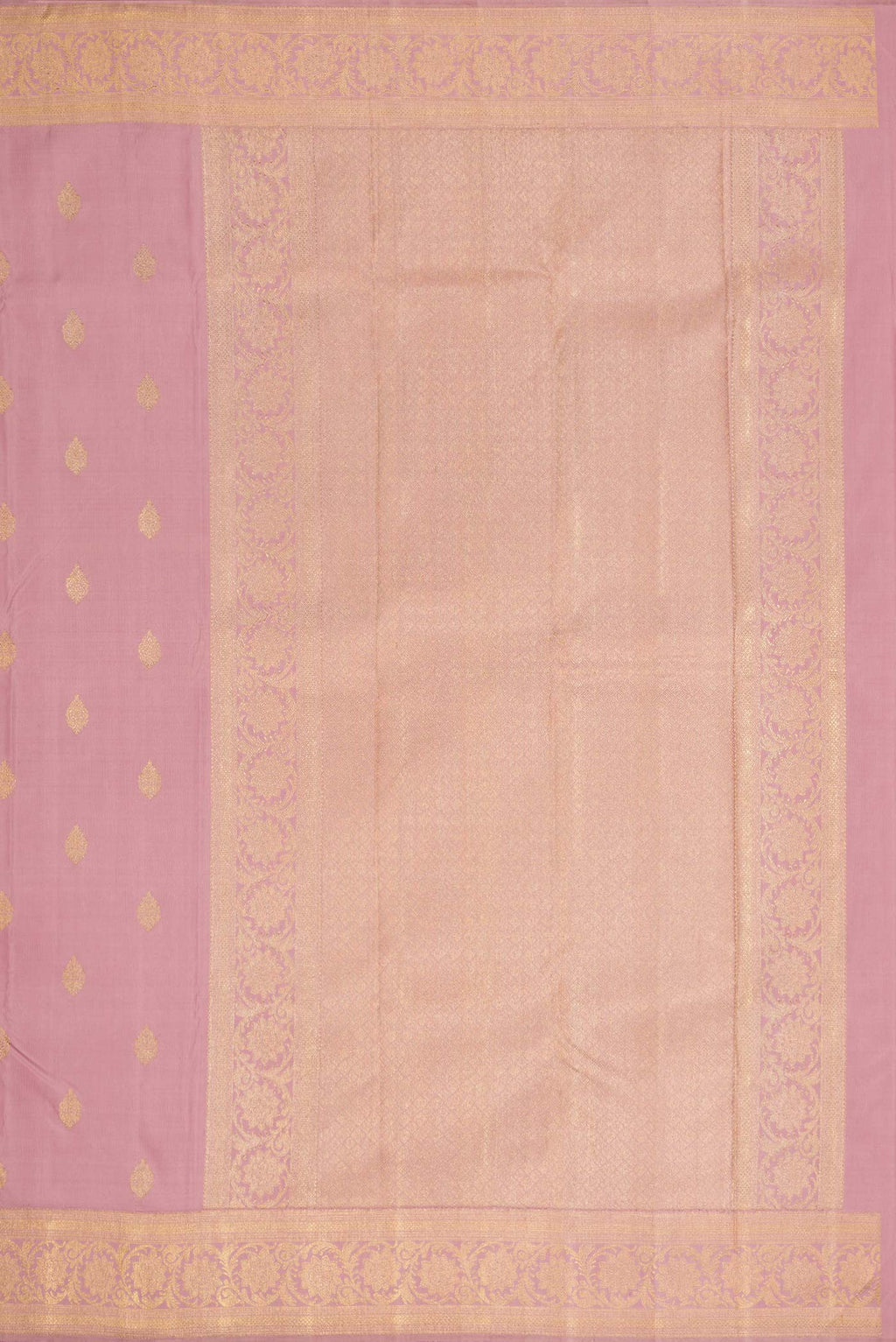 Close up image of the pallu of Pure Silk Pure Zari Lavender Dual Tone Kanchipuram Saree with Stripes on the body and Zari Border