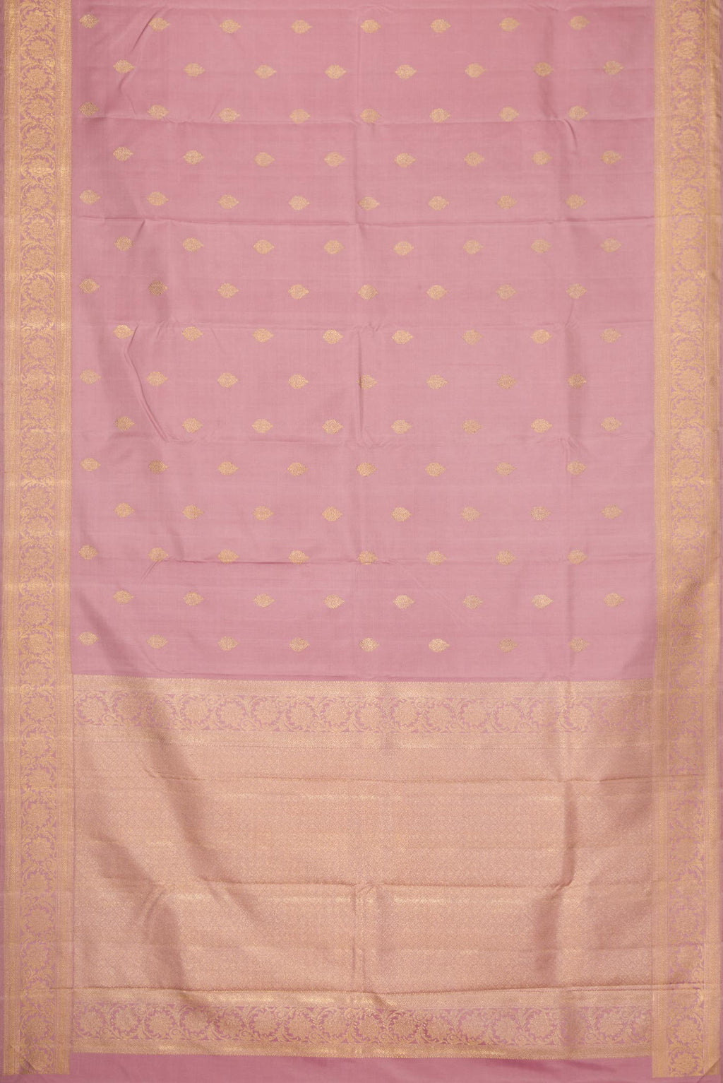 Flat view of Pure Silk Pure Zari Lavender Dual Tone Kanchipuram Saree with Stripes on the body and Zari Border