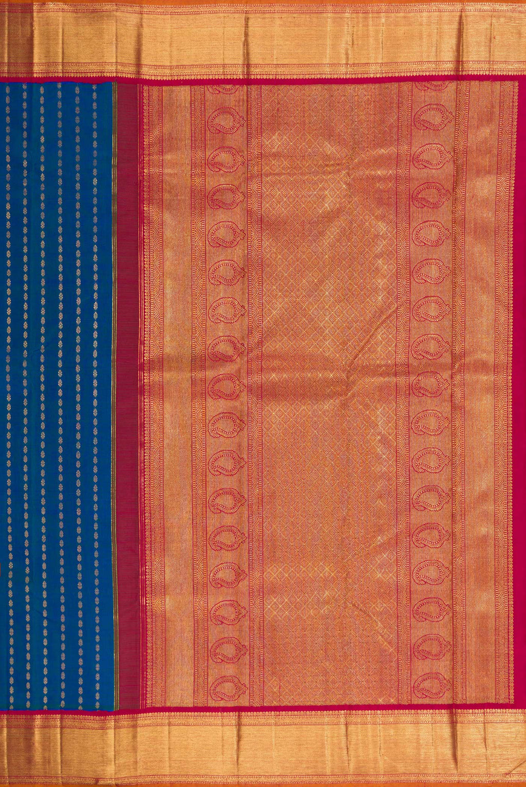 Close up image of the pallu of Pure Silk Pure Zari Peacock Blue Dual Tone Kanjivaram Saree with Zari Butta on the body and Zari Border. 