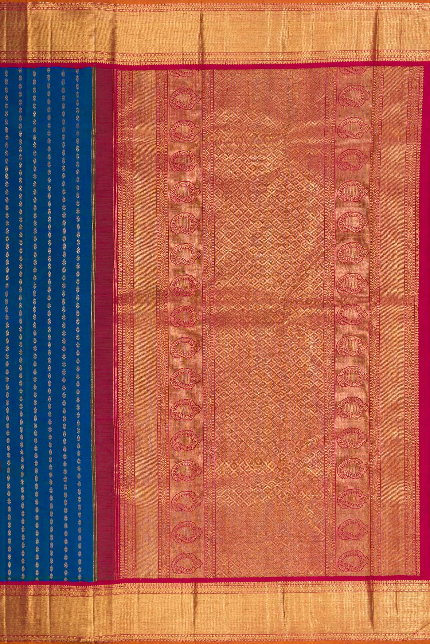 Close up image of the pallu of Pure Silk Pure Zari Peacock Blue Dual Tone Kanjivaram Saree with Zari Butta on the body and Zari Border. 