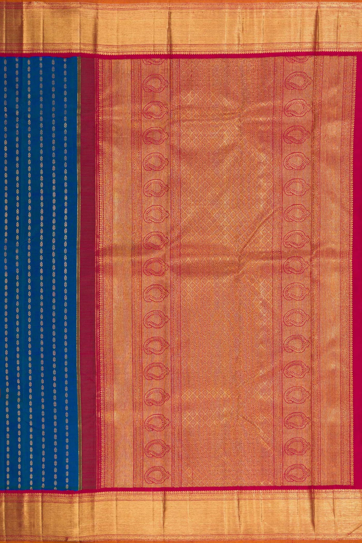 Close up image of the pallu of Pure Silk Pure Zari Peacock Blue Dual Tone Kanjivaram Saree with Zari Butta on the body and Zari Border. 