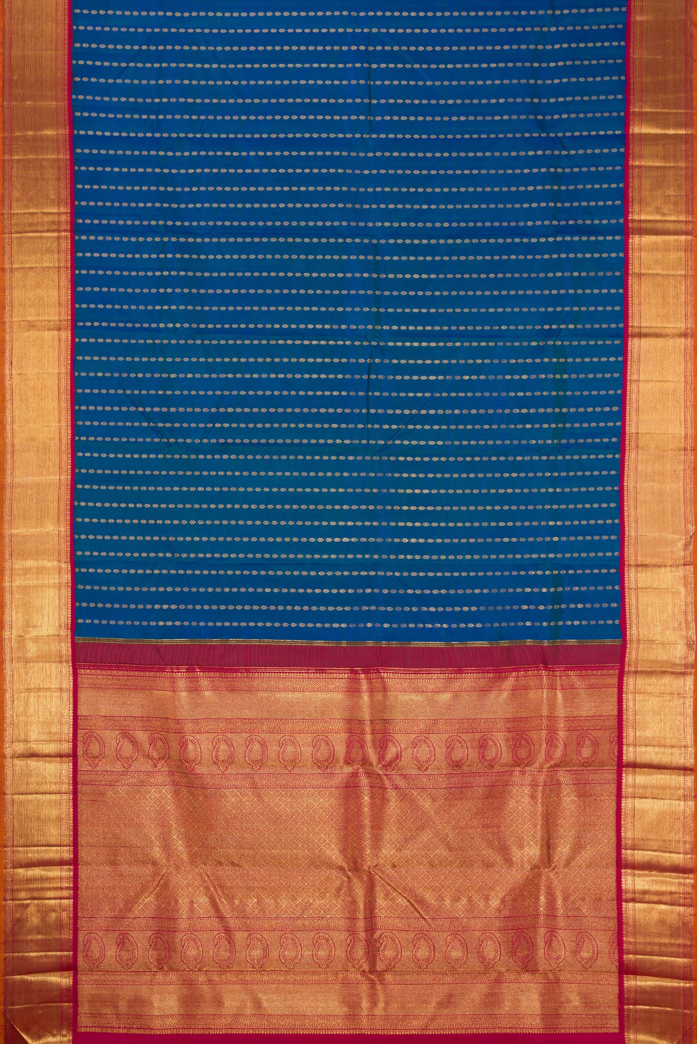 Flat view of Pure Silk Pure Zari Peacock Blue Dual Tone Kanjivaram Saree with Zari Butta on the body and Zari Border. 