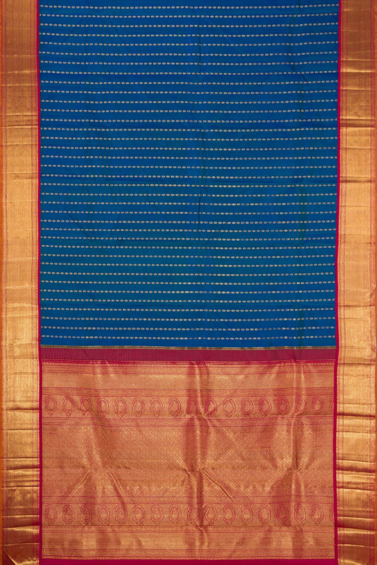 Flat view of Pure Silk Pure Zari Peacock Blue Dual Tone Kanjivaram Saree with Zari Butta on the body and Zari Border. 