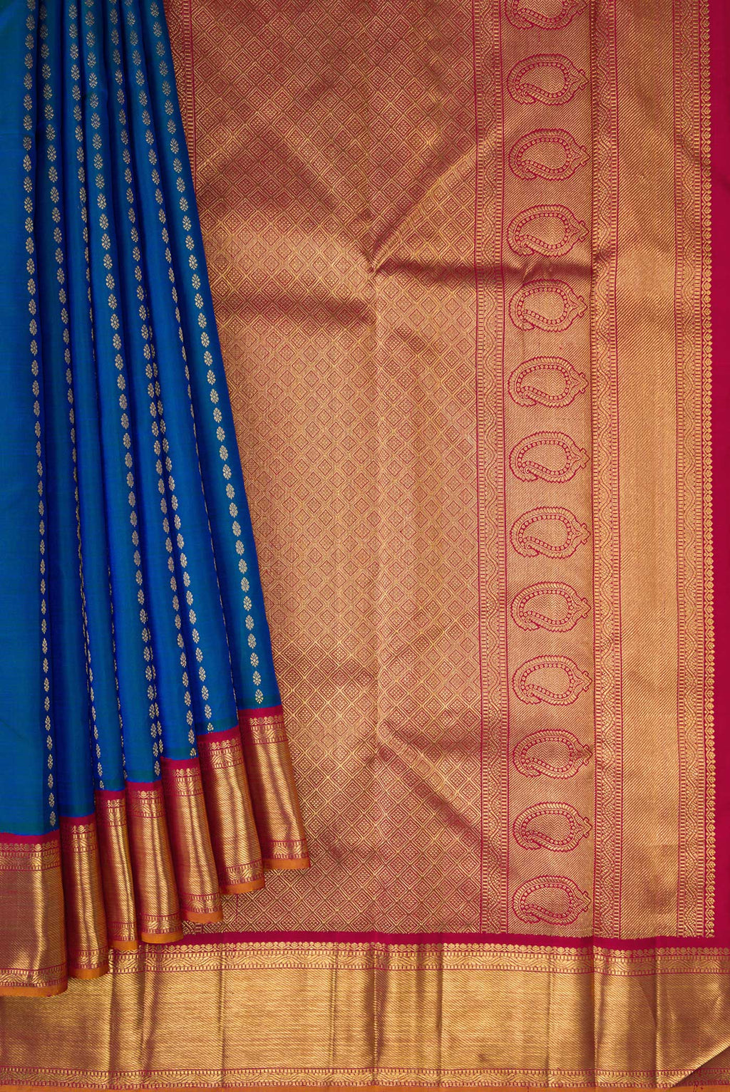 Pleats and pallu of Pure Silk Pure Zari Peacock Blue Dual Tone Kanjivaram Saree with Zari Butta on the body and Zari Border. 