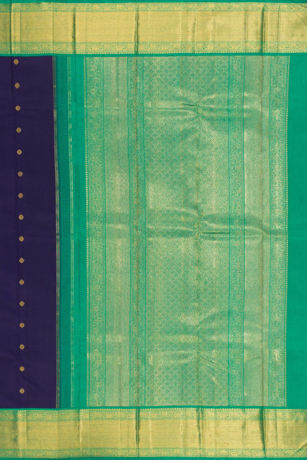 Close up image of the pallu of Pure Silk Pure Zari Navy Blue Kanjivaram Saree with Zari Butta on the body and Zari Border. 