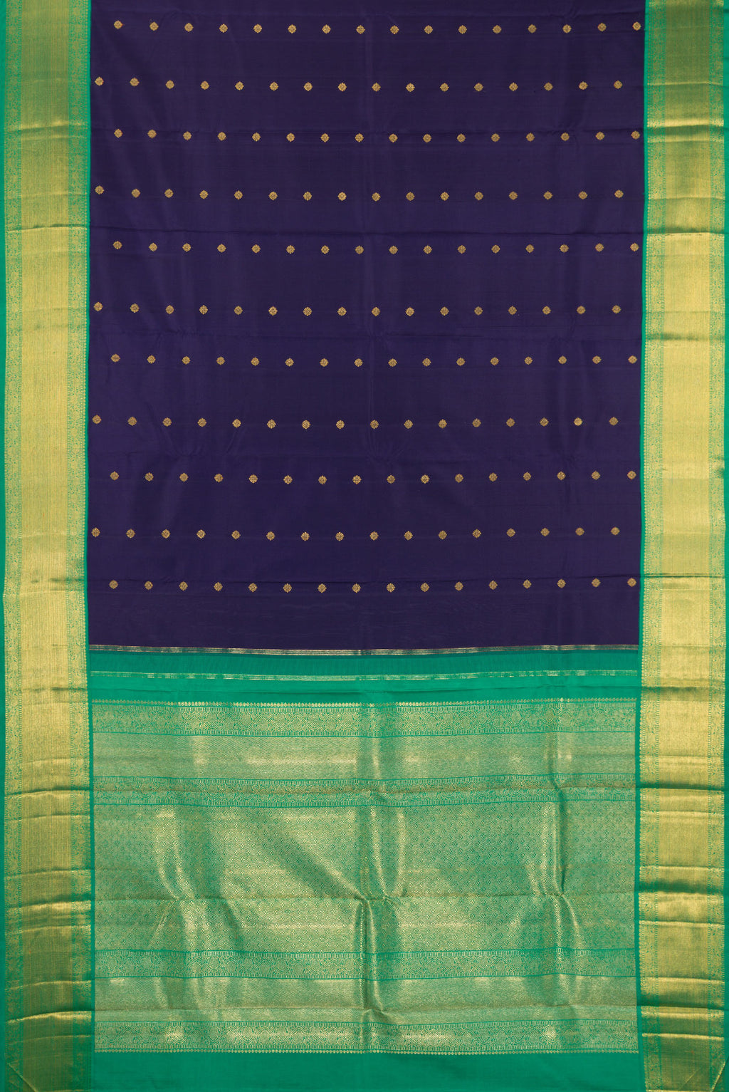 Flat view of Pure Silk Pure Zari Navy Blue Kanjivaram Saree with Zari Butta on the body and Zari Border. 