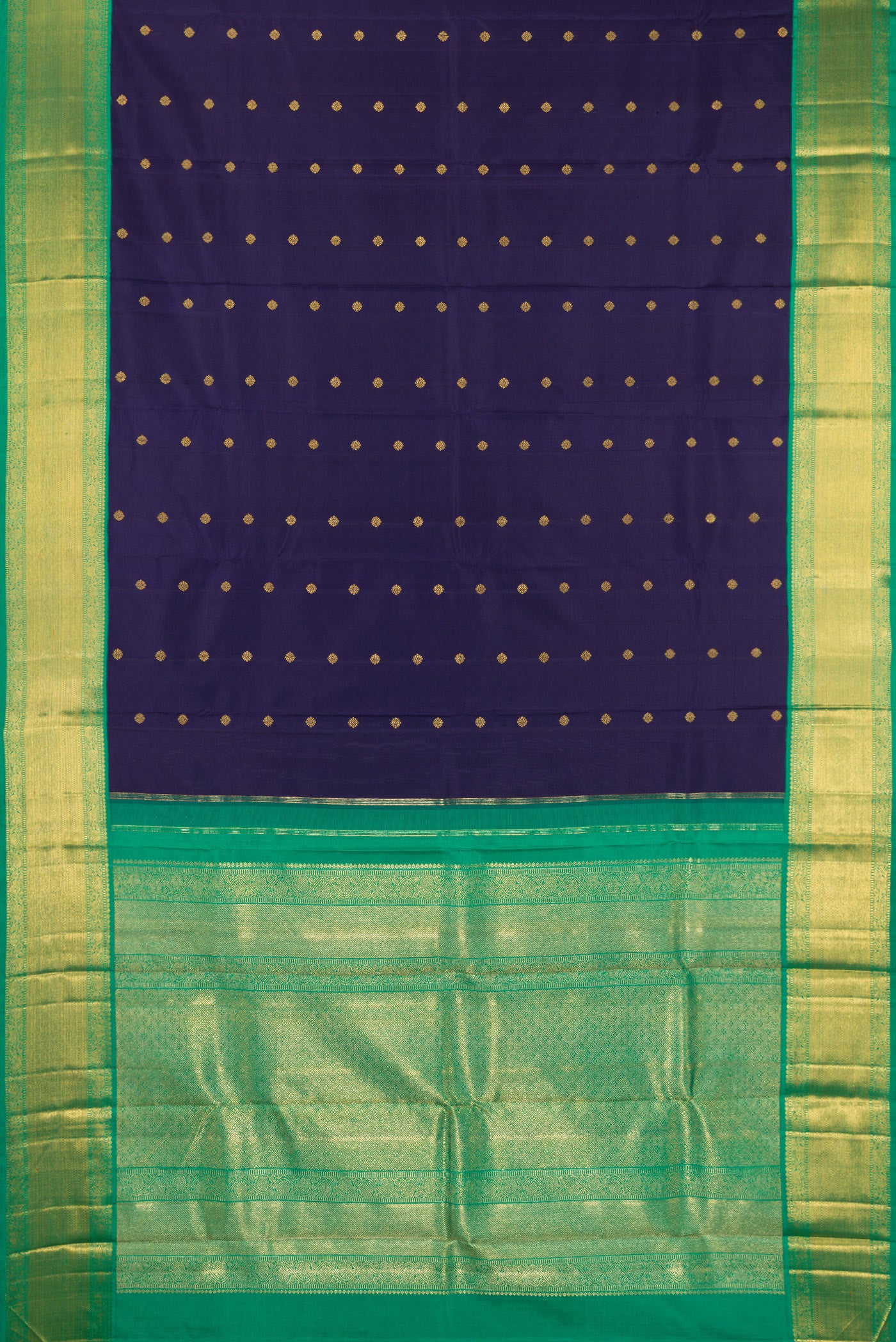 Flat view of Pure Silk Pure Zari Navy Blue Kanjivaram Saree with Zari Butta on the body and Zari Border. 
