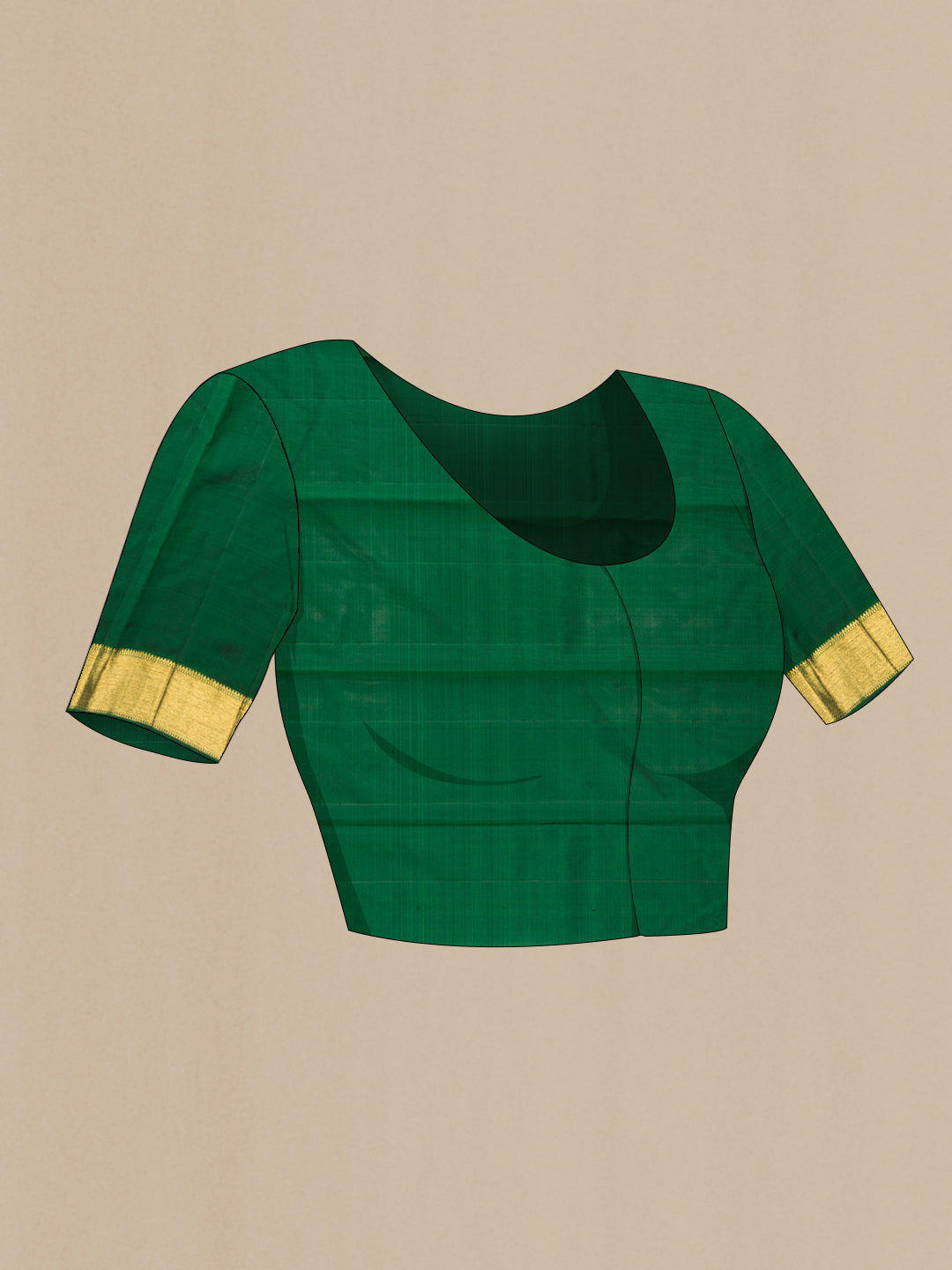 Close up image of the blouse of Pure Silk Pure Zari Bottle Green Kanjivaram Saree with Zari Butta on the body and Zari Border. 