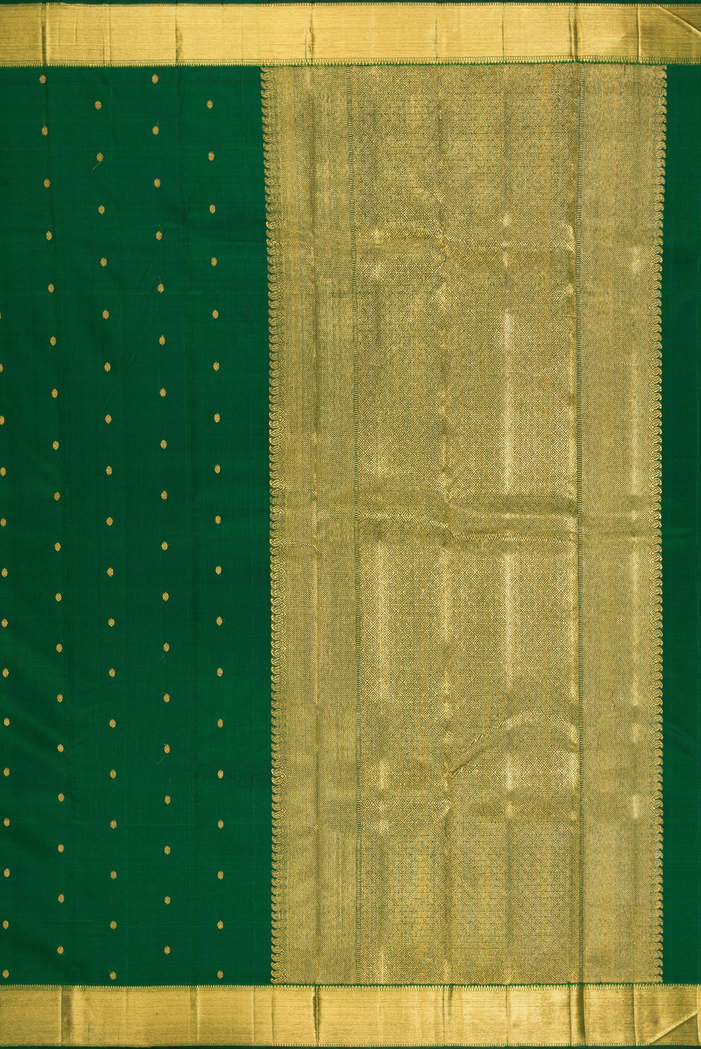 Close up image of the pallu of Pure Silk Pure Zari Bottle Green Kanjivaram Saree with Zari Butta on the body and Zari Border. 