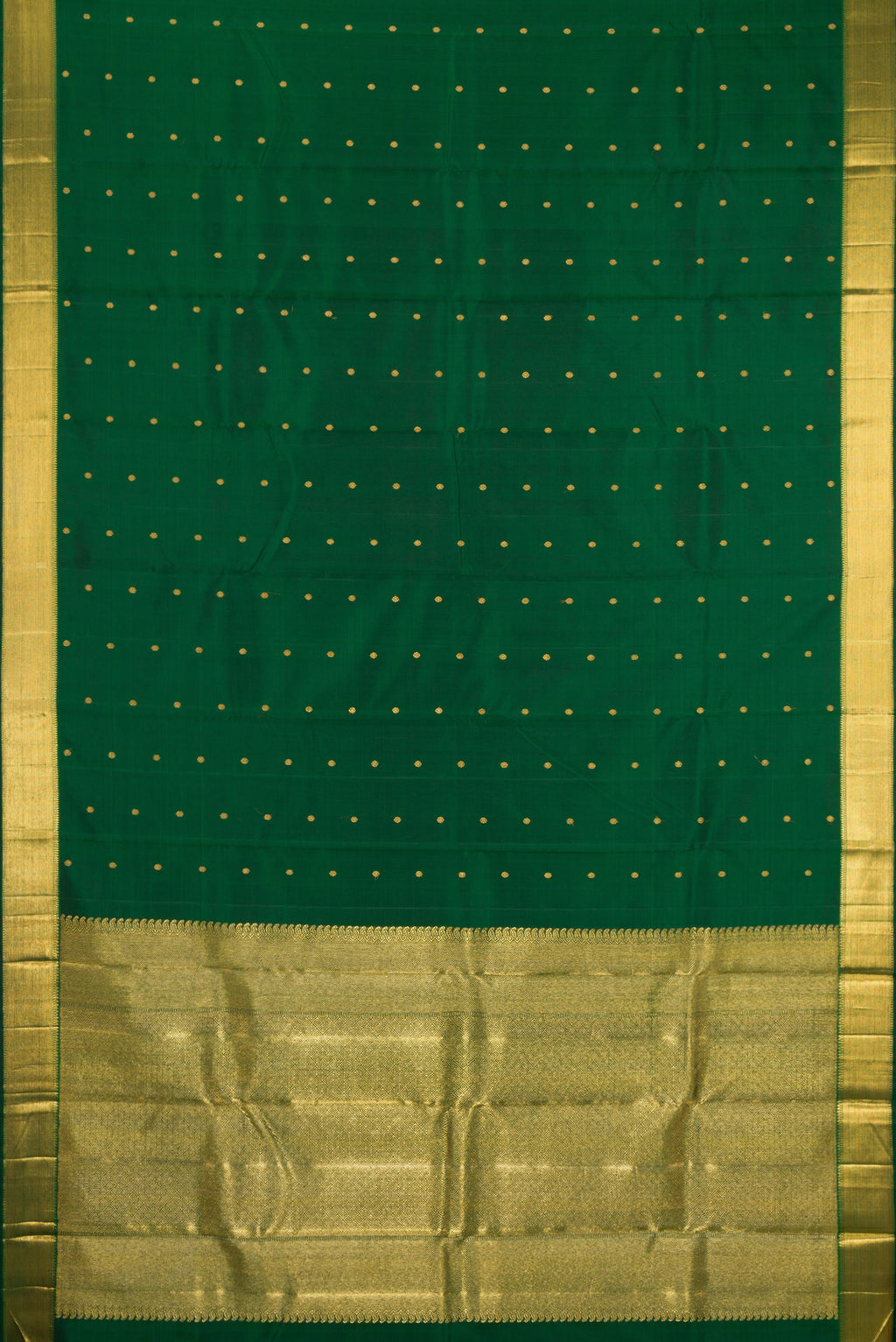 Flat view of Pure Silk Pure Zari Bottle Green Kanjivaram Saree with Zari Butta on the body and Zari Border. 