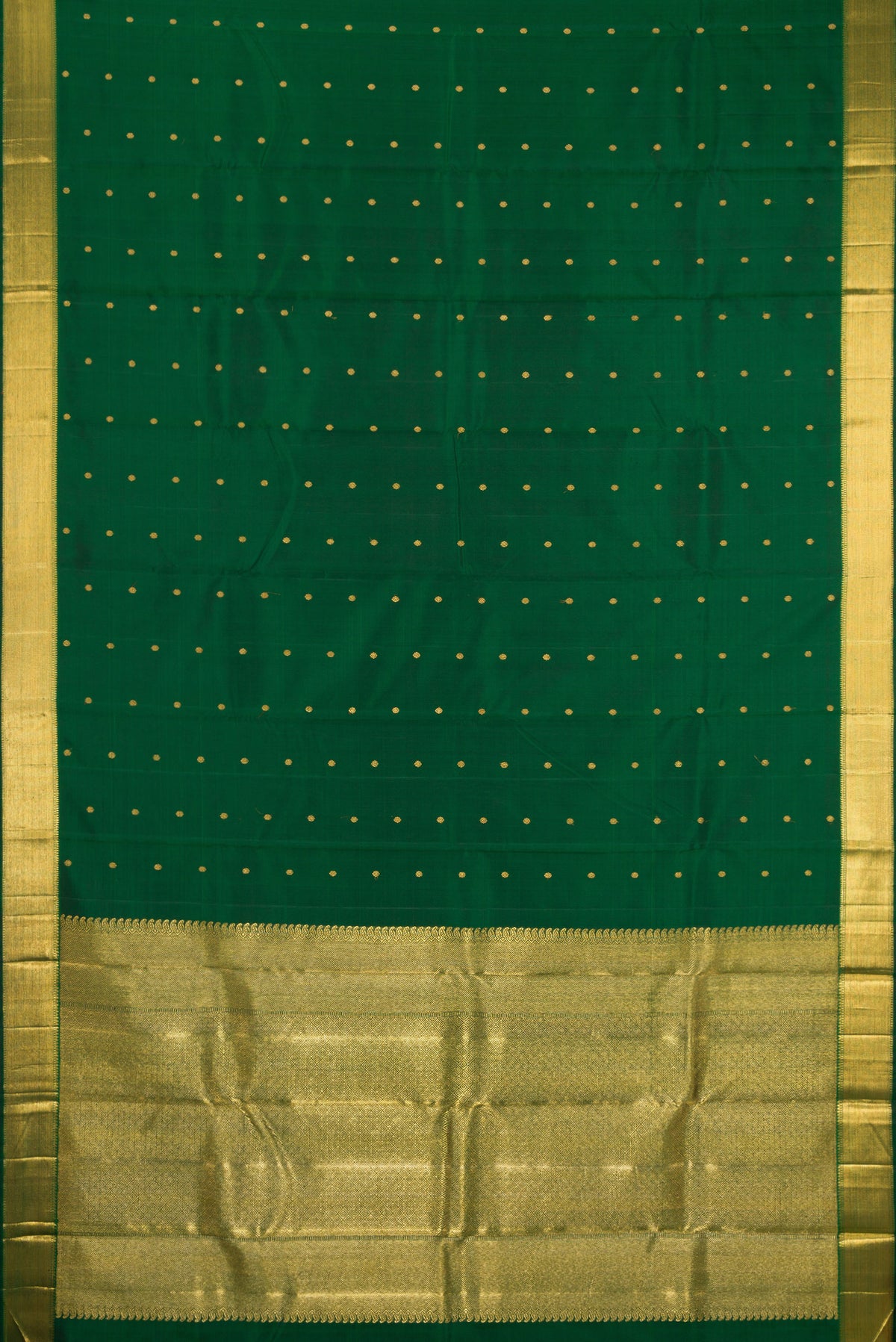 Flat view of Pure Silk Pure Zari Bottle Green Kanjivaram Saree with Zari Butta on the body and Zari Border. 