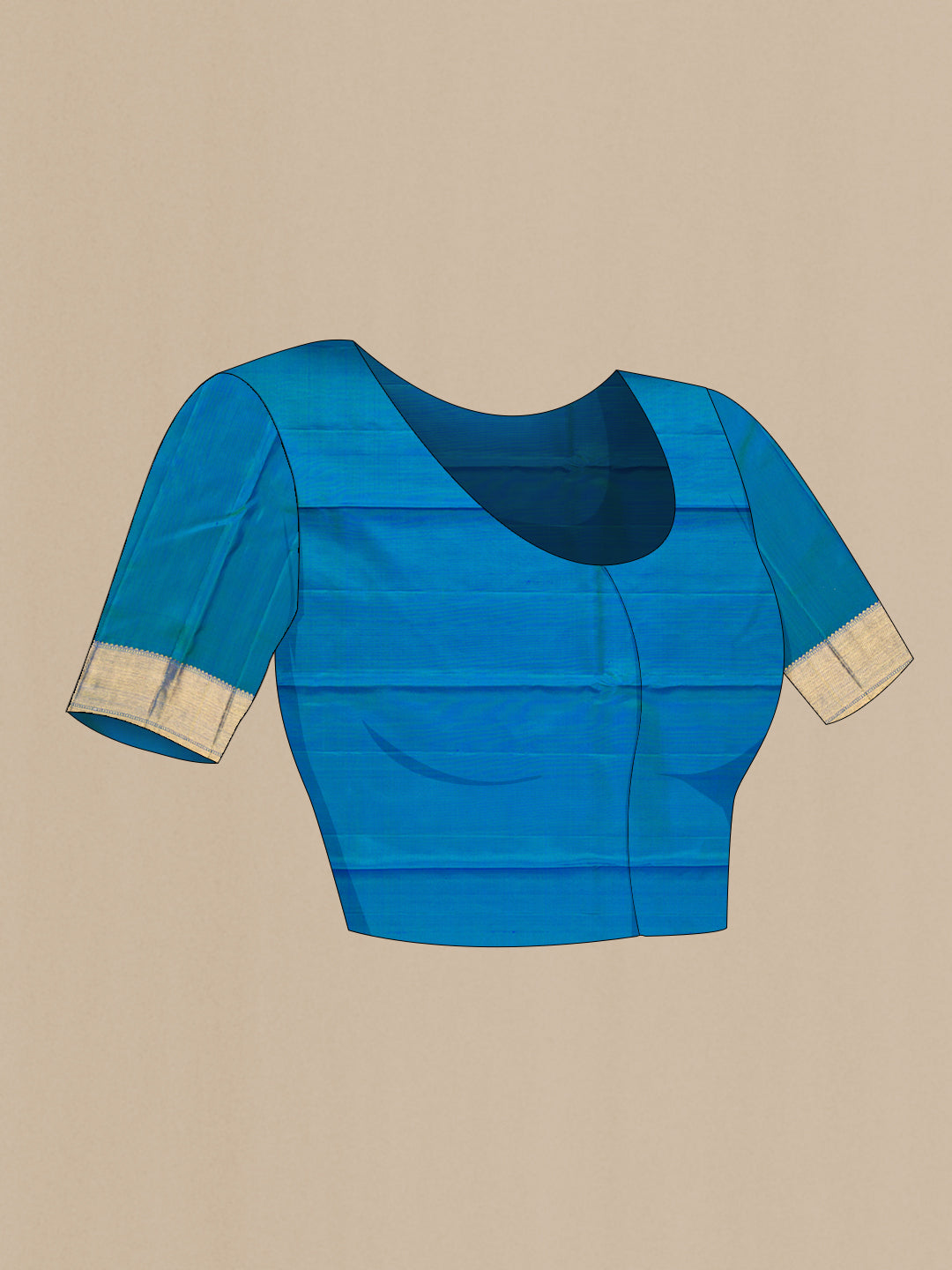 Close up image of the blouse of Pure Silk Pure Zari Peacock Blue Dual Tone Kanjivaram Saree with Zari Butta on the body and Zari Border. 